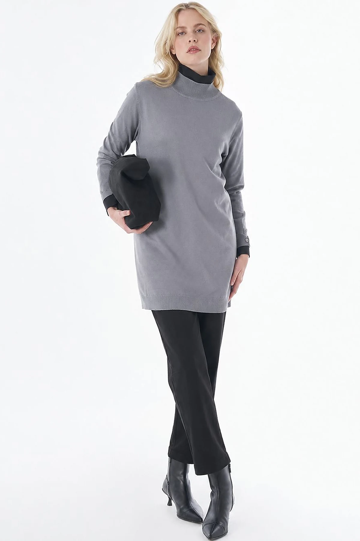 Turtleneck Basic Viscose Knit Tunic Gray