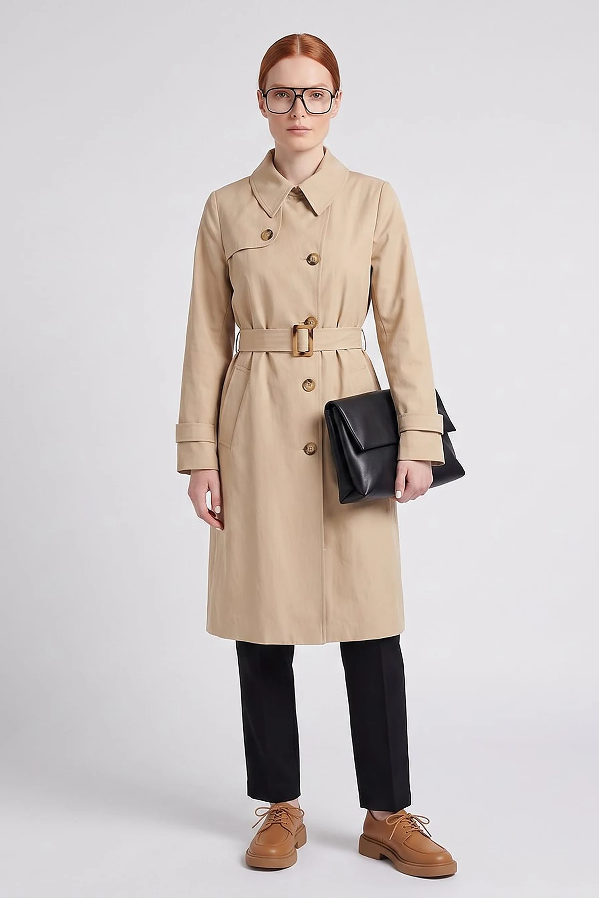 Convertible Collar Double-Breasted Trench Coat Light Beige