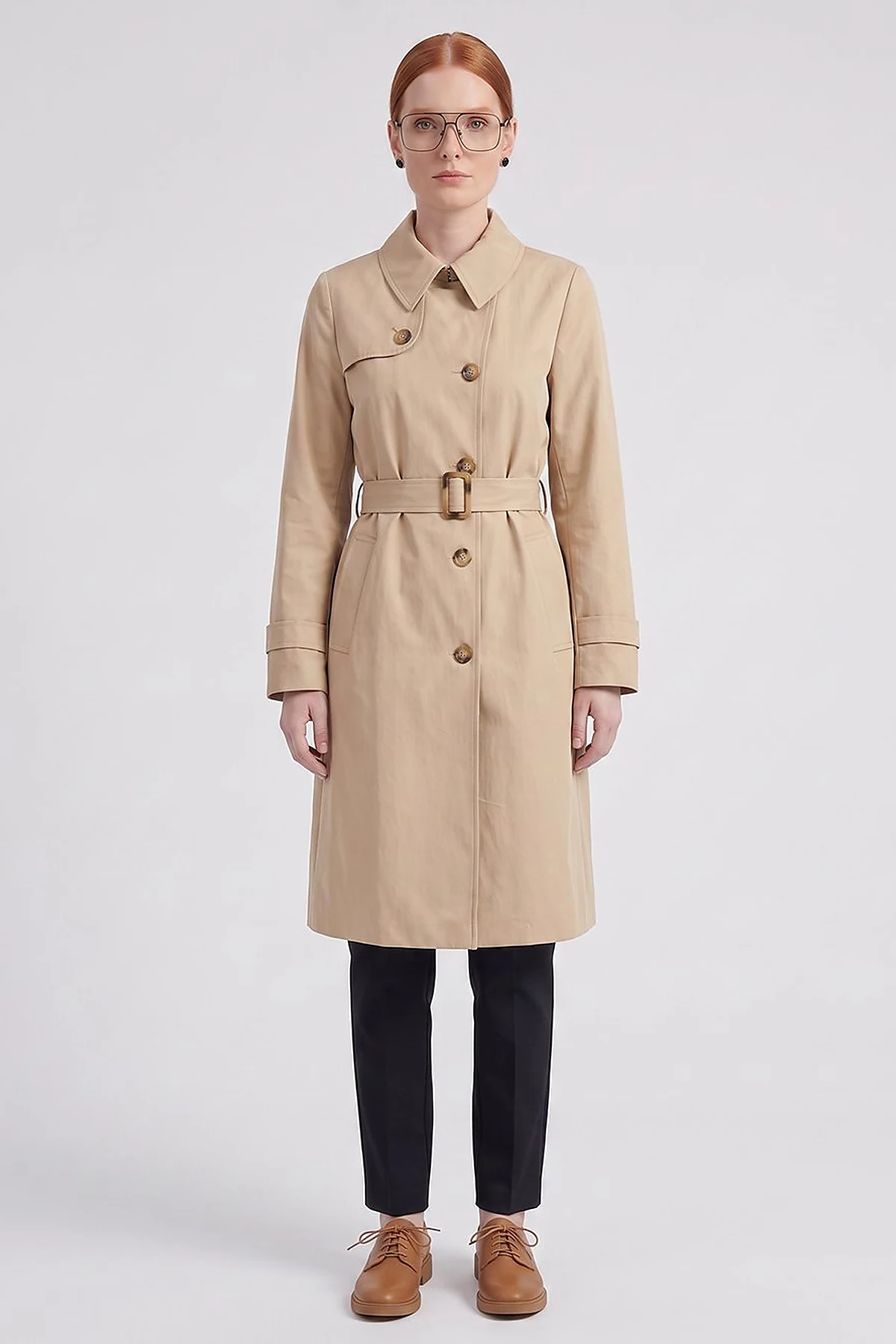 Convertible Collar Double-Breasted Trench Coat Light Beige