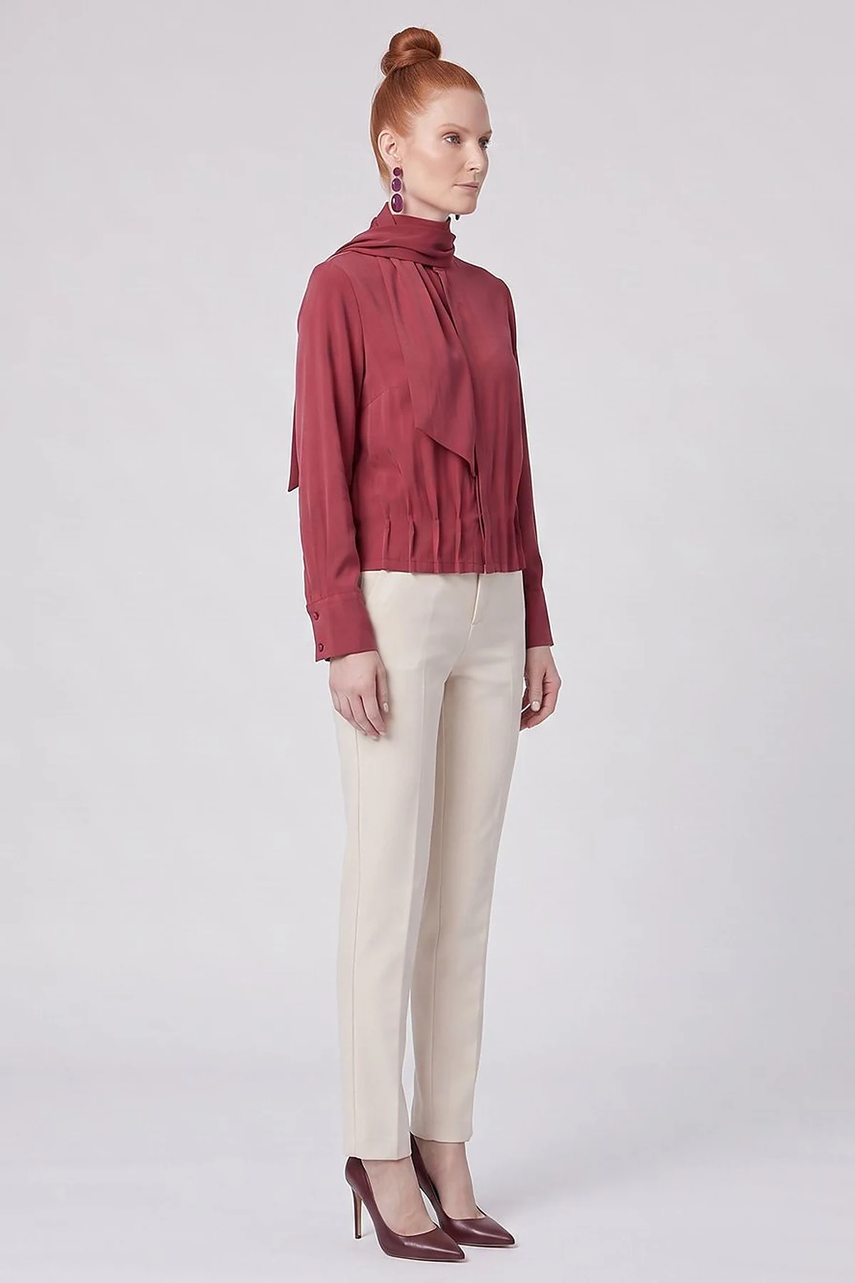 Shawl Collar Rayon Blouse Tibetan Red