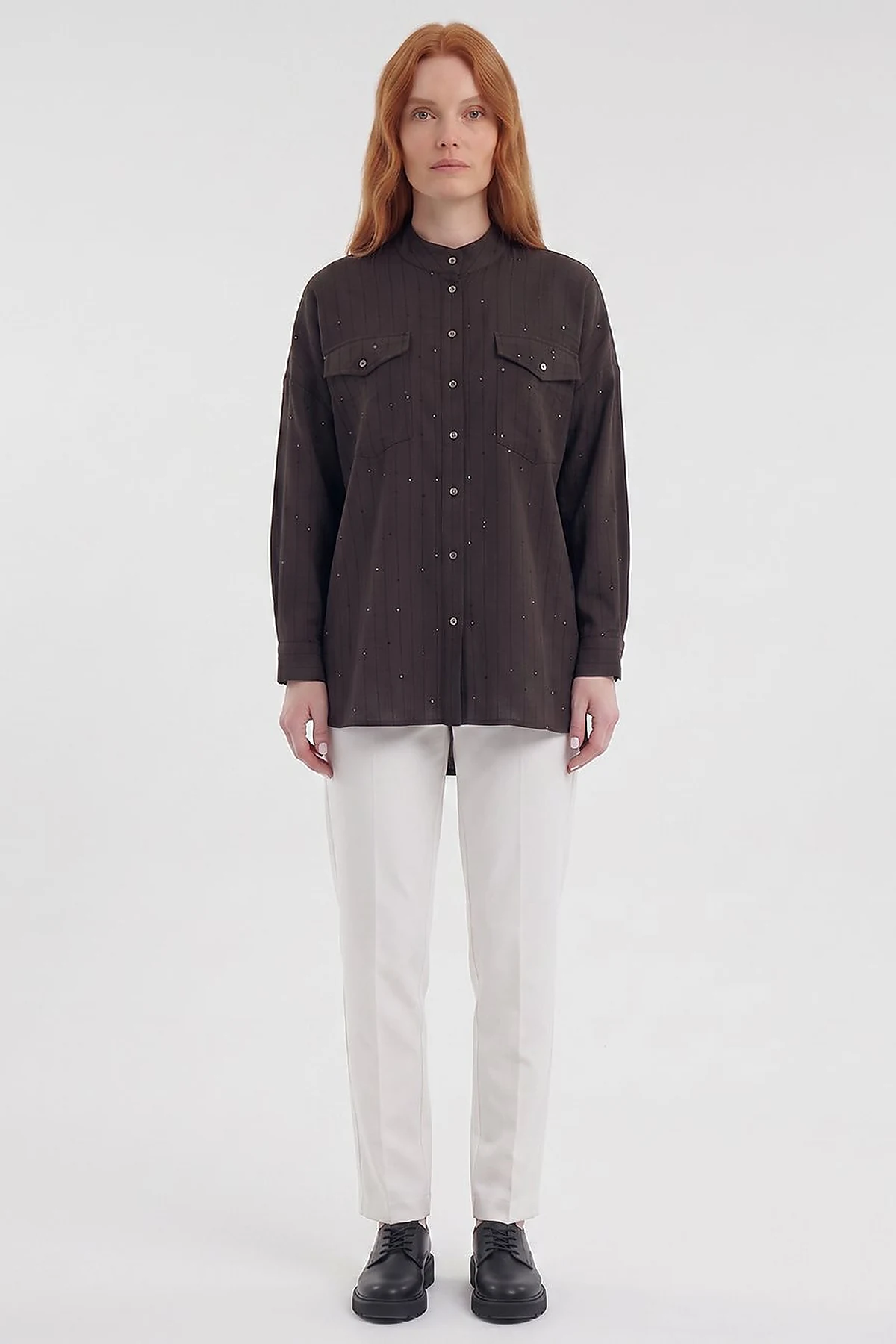 Double-Pocket Mandarin Collar Blouse Dark Brown