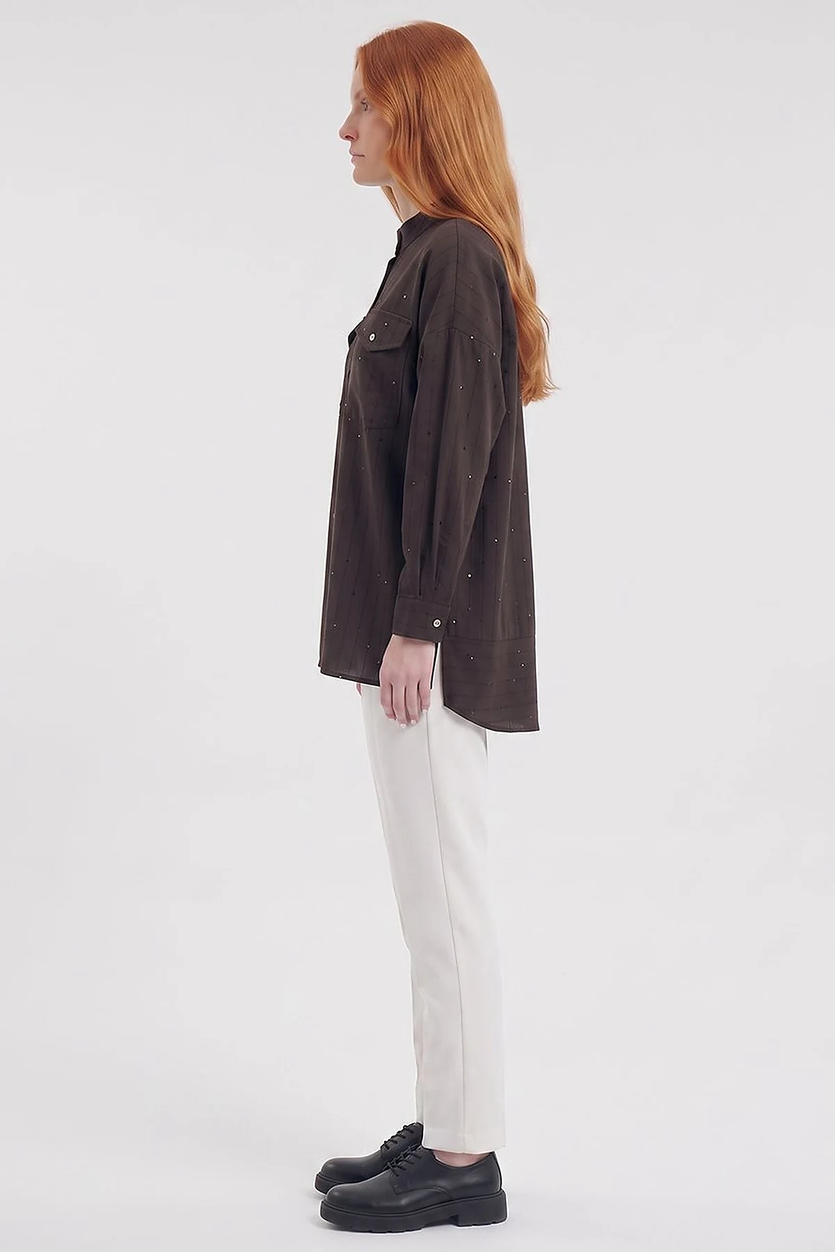 Double-Pocket Mandarin Collar Blouse Dark Brown