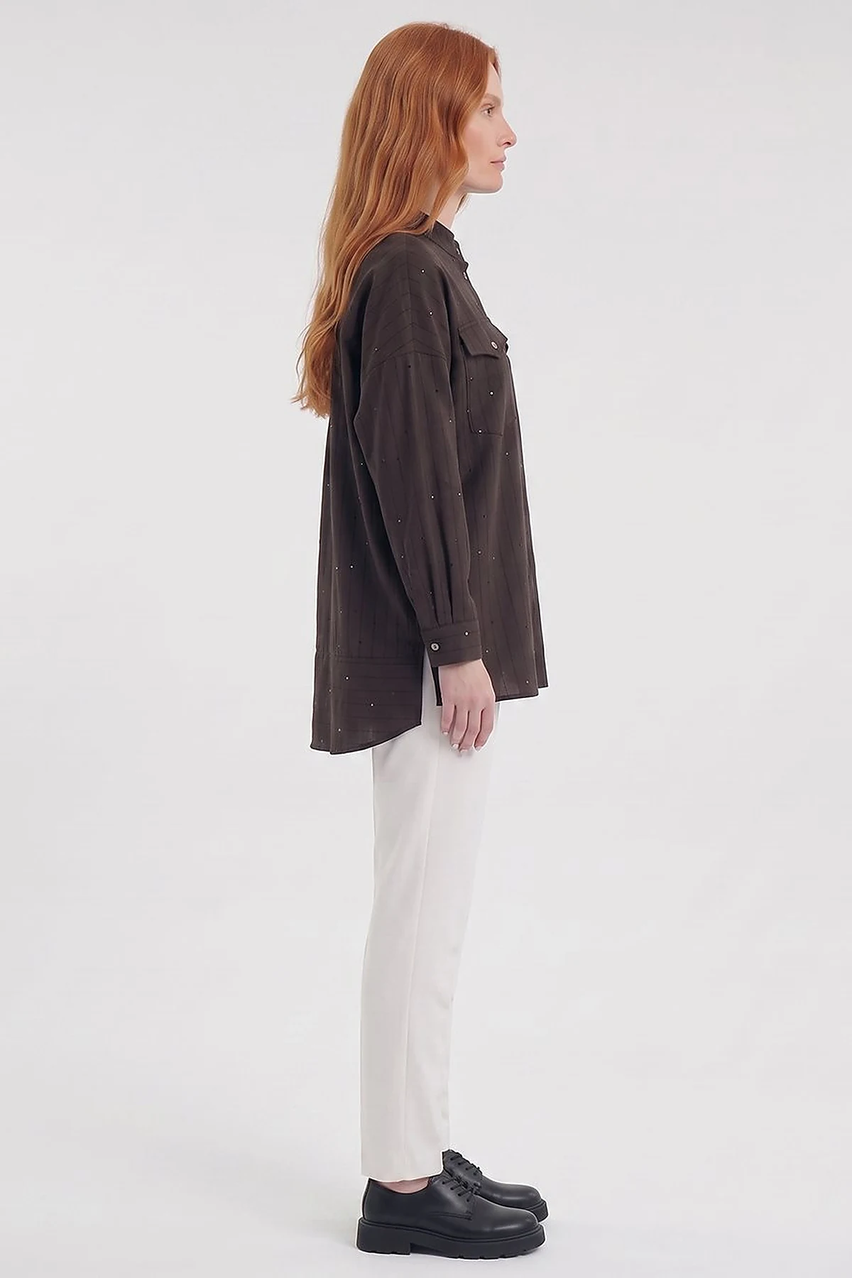 Double-Pocket Mandarin Collar Blouse Dark Brown