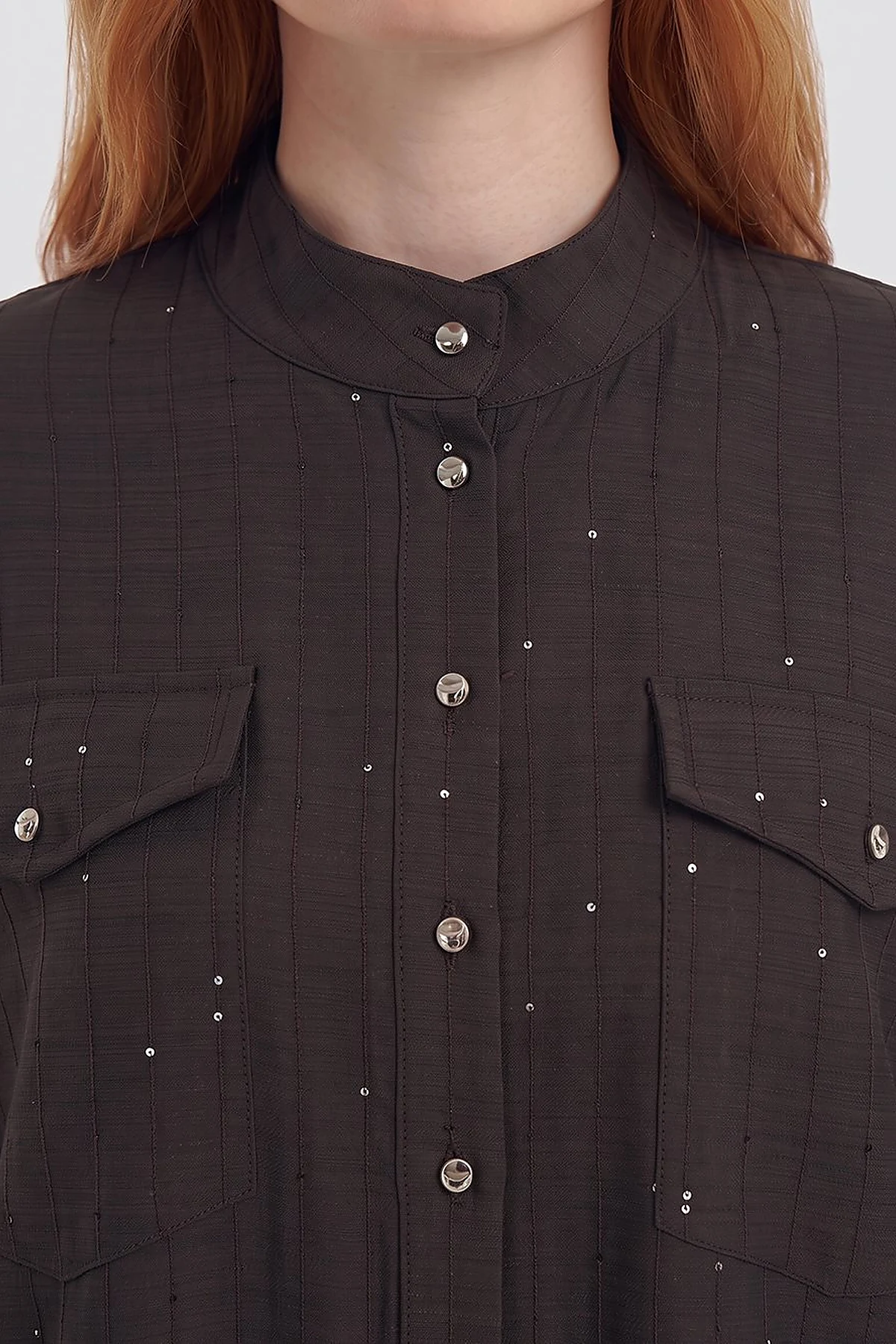 Double-Pocket Mandarin Collar Blouse Dark Brown
