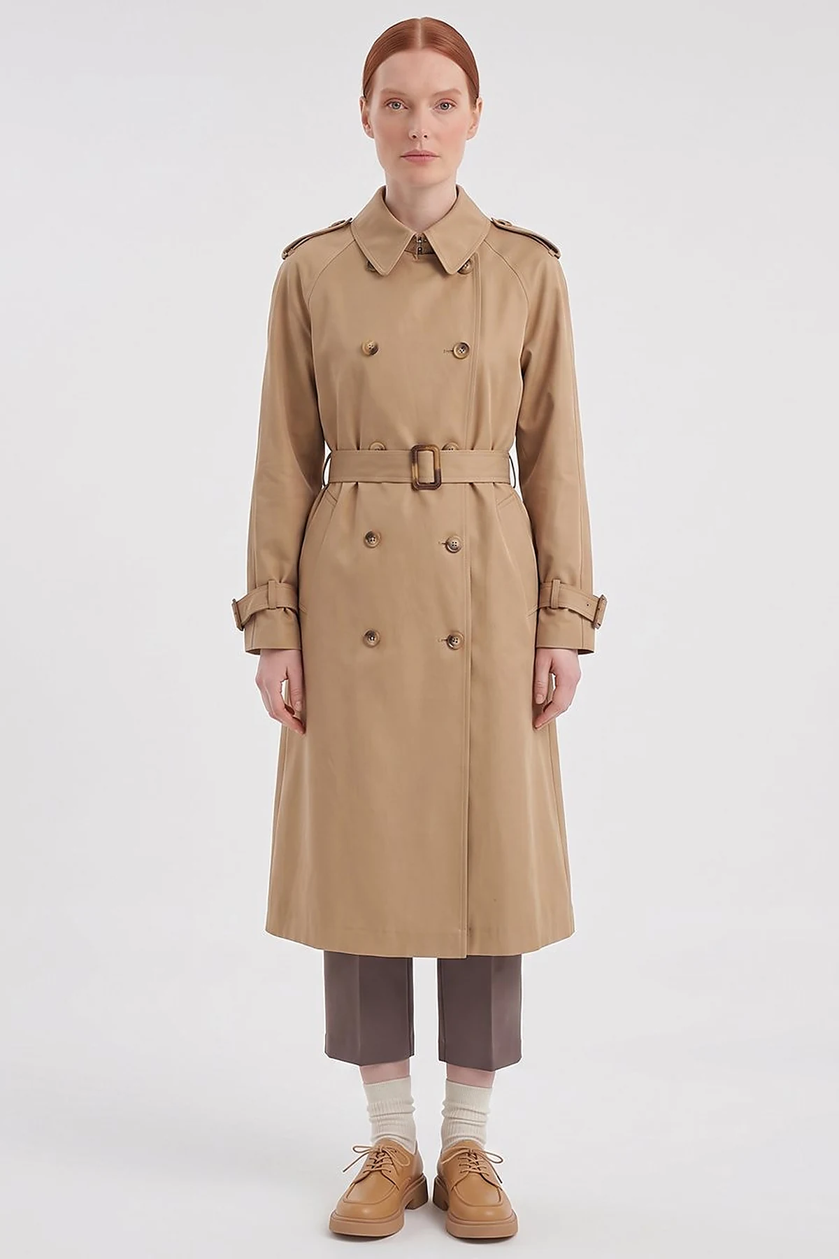 Buttoned Double-Breasted Trench Coat Beige