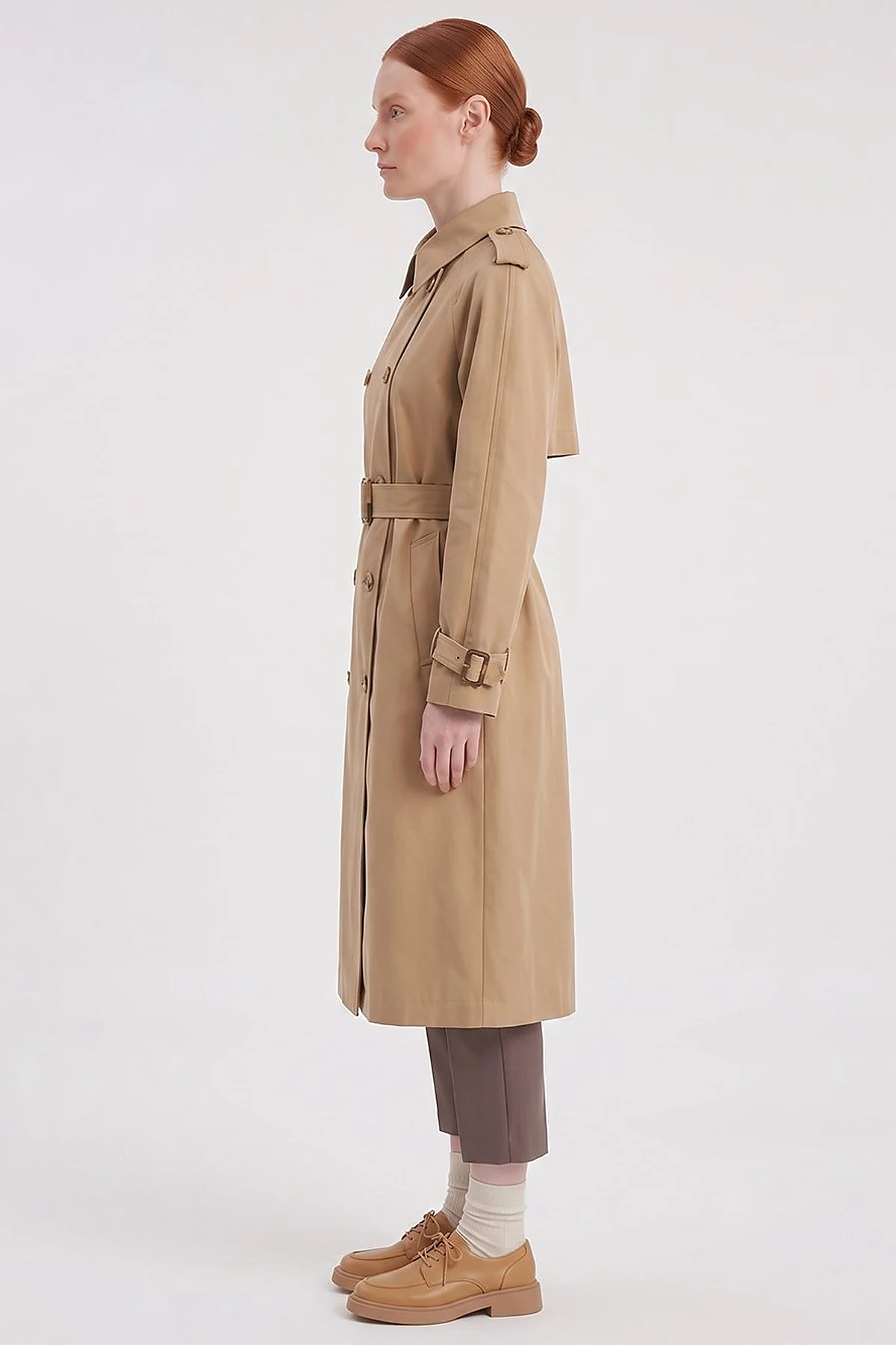 Buttoned Double-Breasted Trench Coat Beige