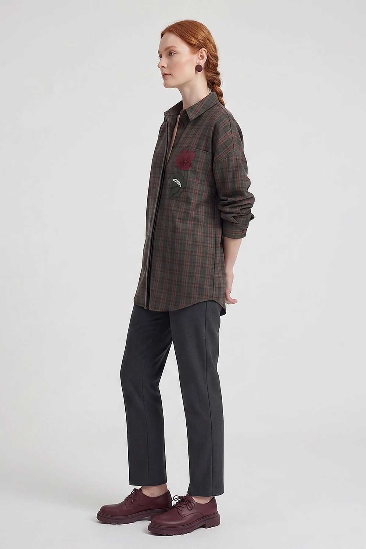 Plaid Pattern Embroidered Appliqué Tunic Khaki