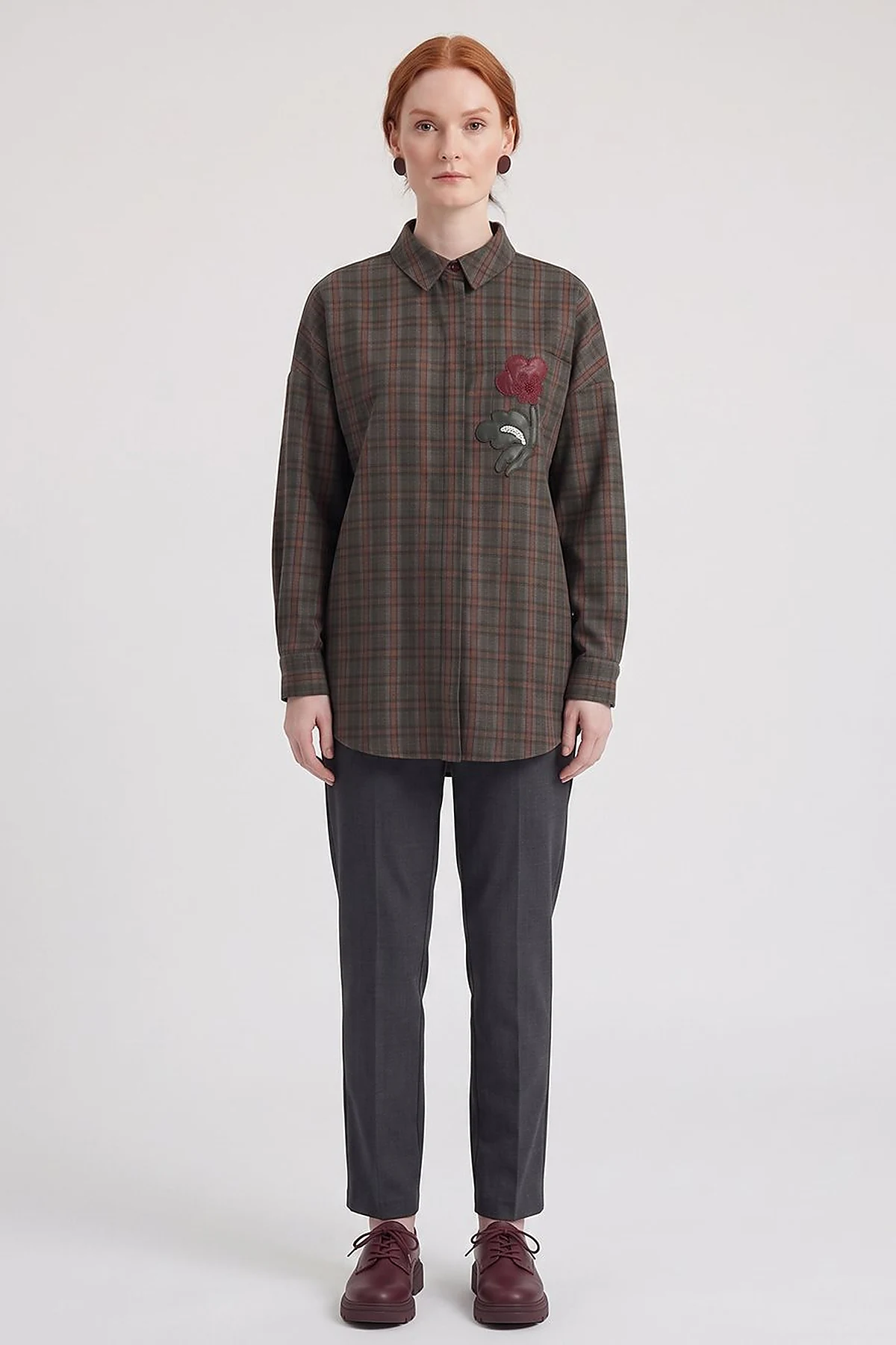 Plaid Pattern Embroidered Appliqué Tunic Khaki