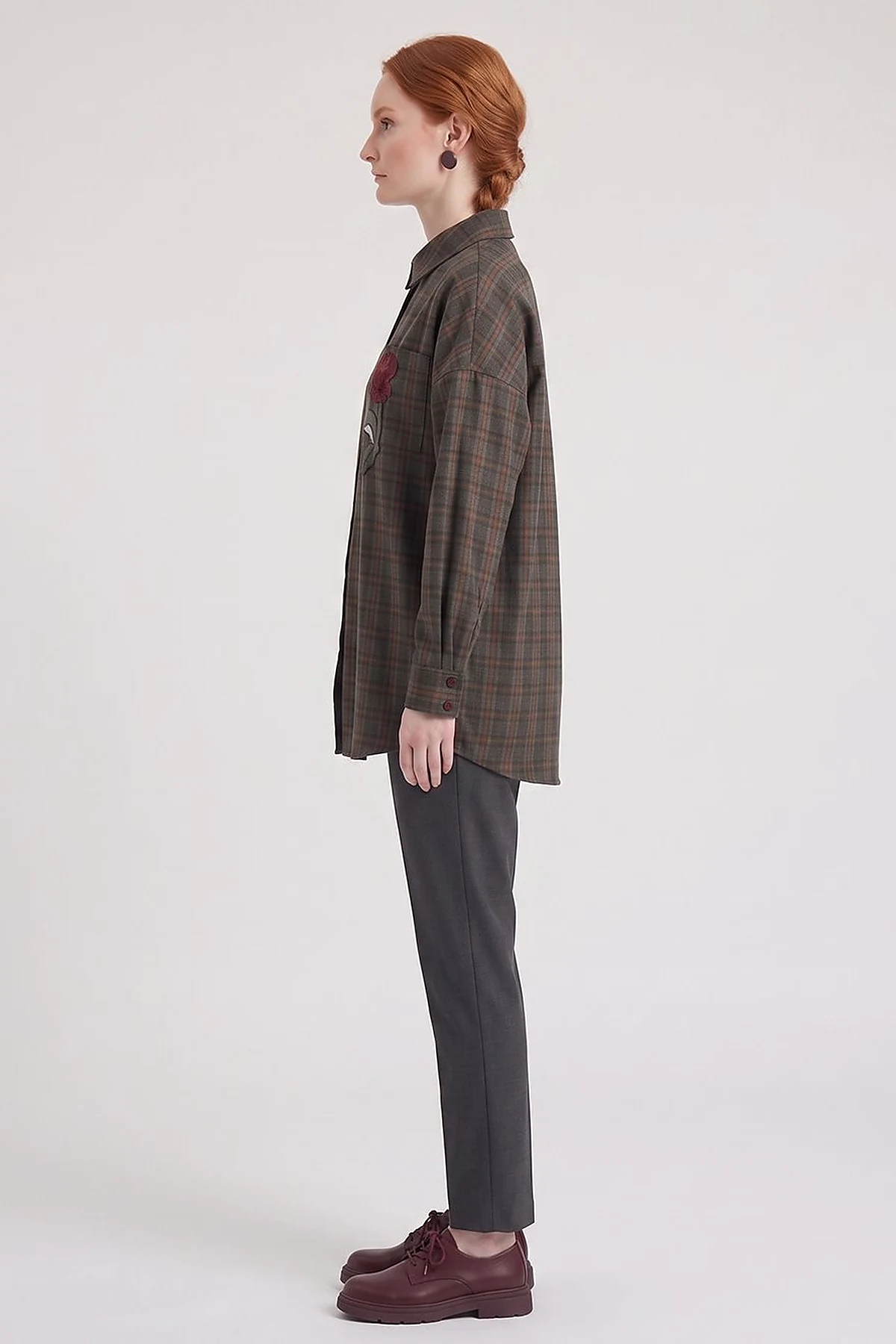 Plaid Pattern Embroidered Appliqué Tunic Khaki
