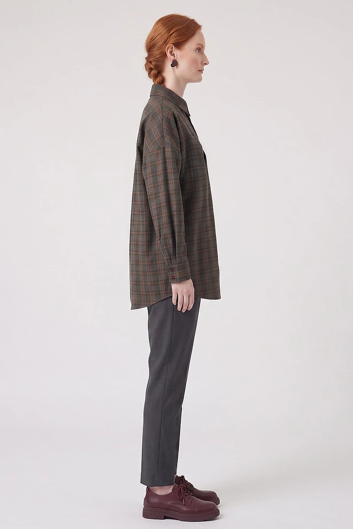 Plaid Pattern Embroidered Appliqué Tunic Khaki