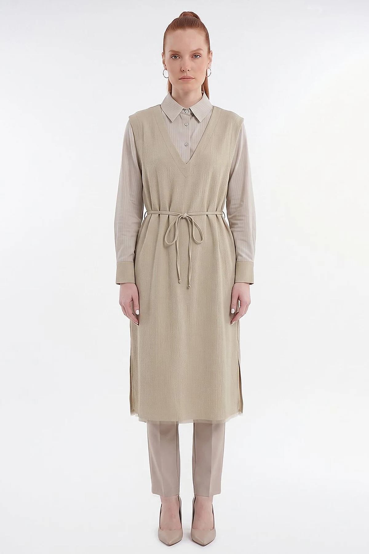 Shirt-Detail Long Tunic Moss Green