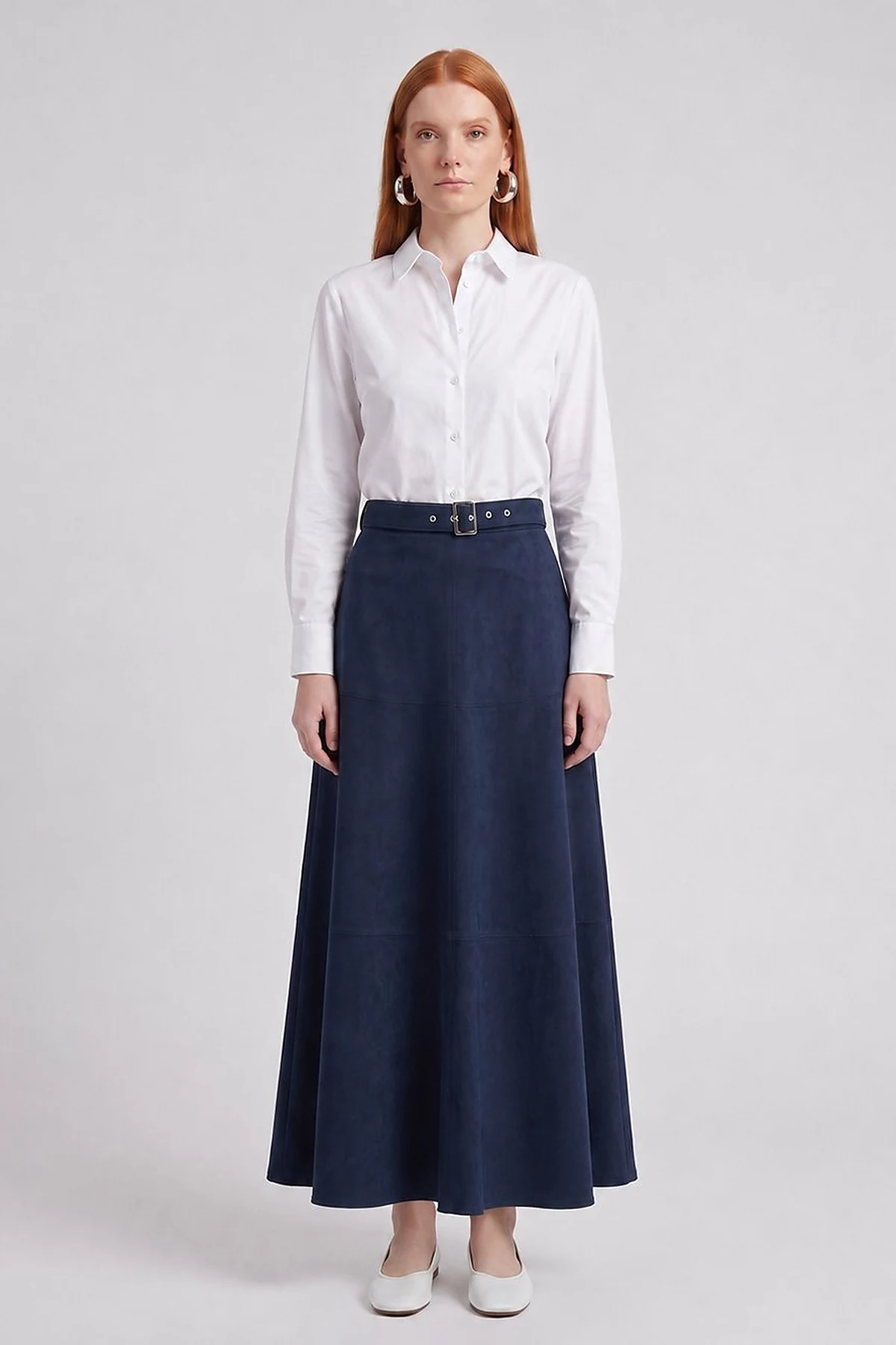 Panel-Seamed Suede Skirt Dark Navy