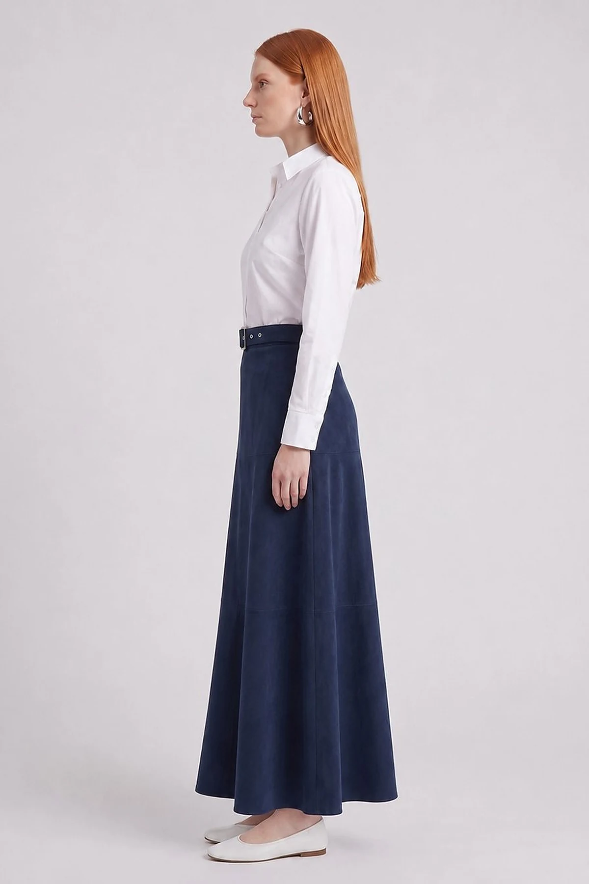 Panel-Seamed Suede Skirt Dark Navy