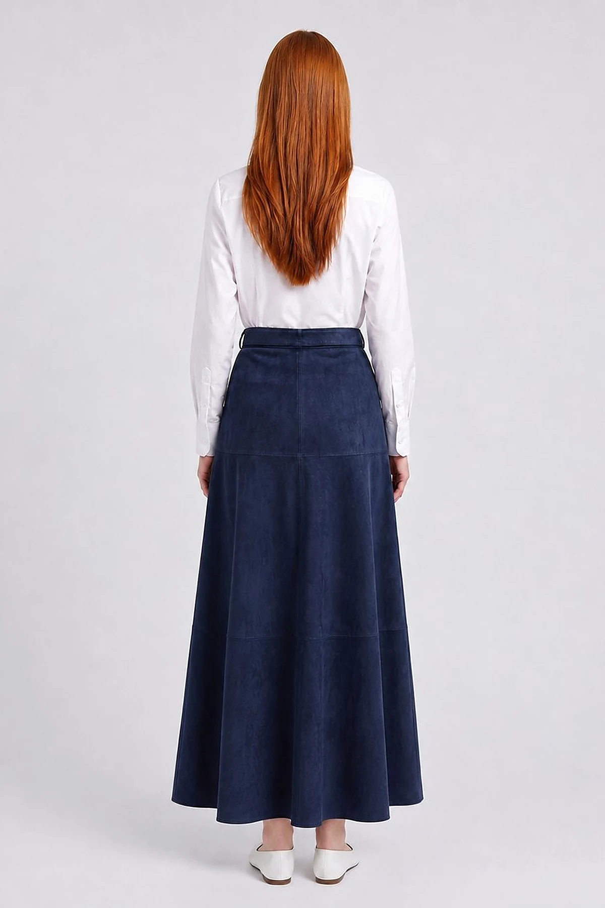 Panel-Seamed Suede Skirt Dark Navy