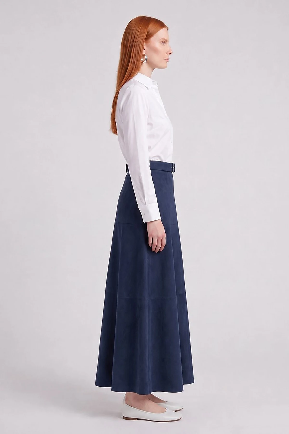 Panel-Seamed Suede Skirt Dark Navy
