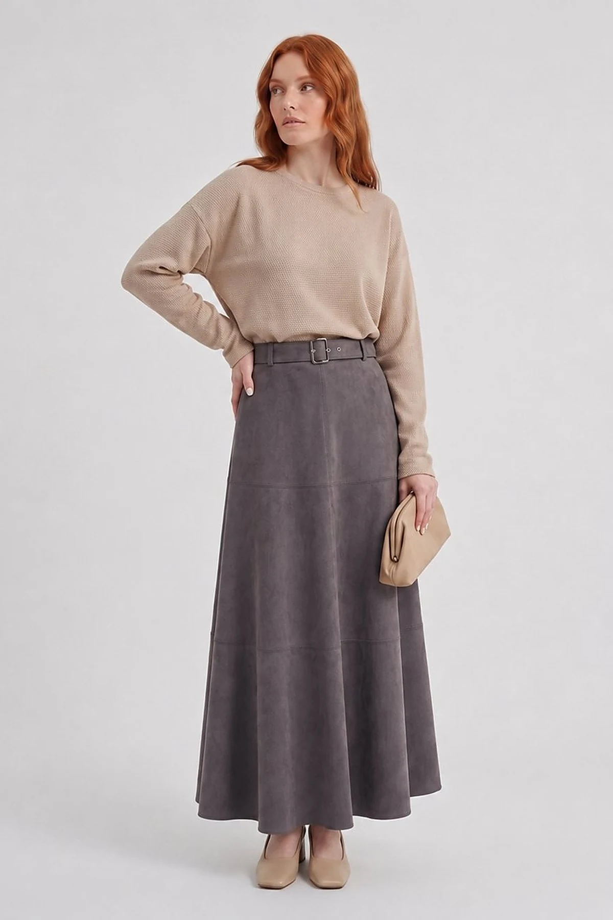 Panel-Seamed Suede Skirt Charcoal