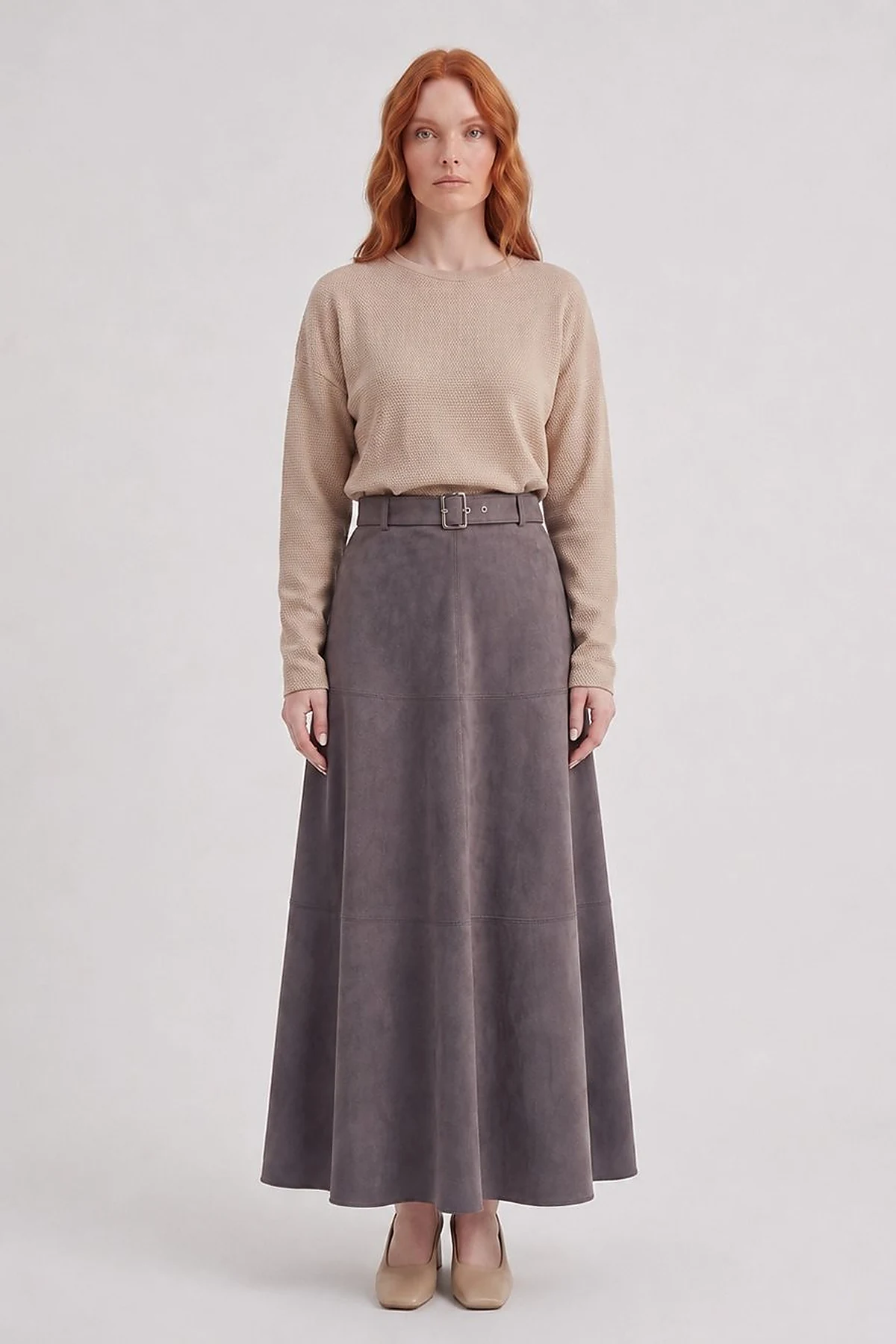 Panel-Seamed Suede Skirt Charcoal