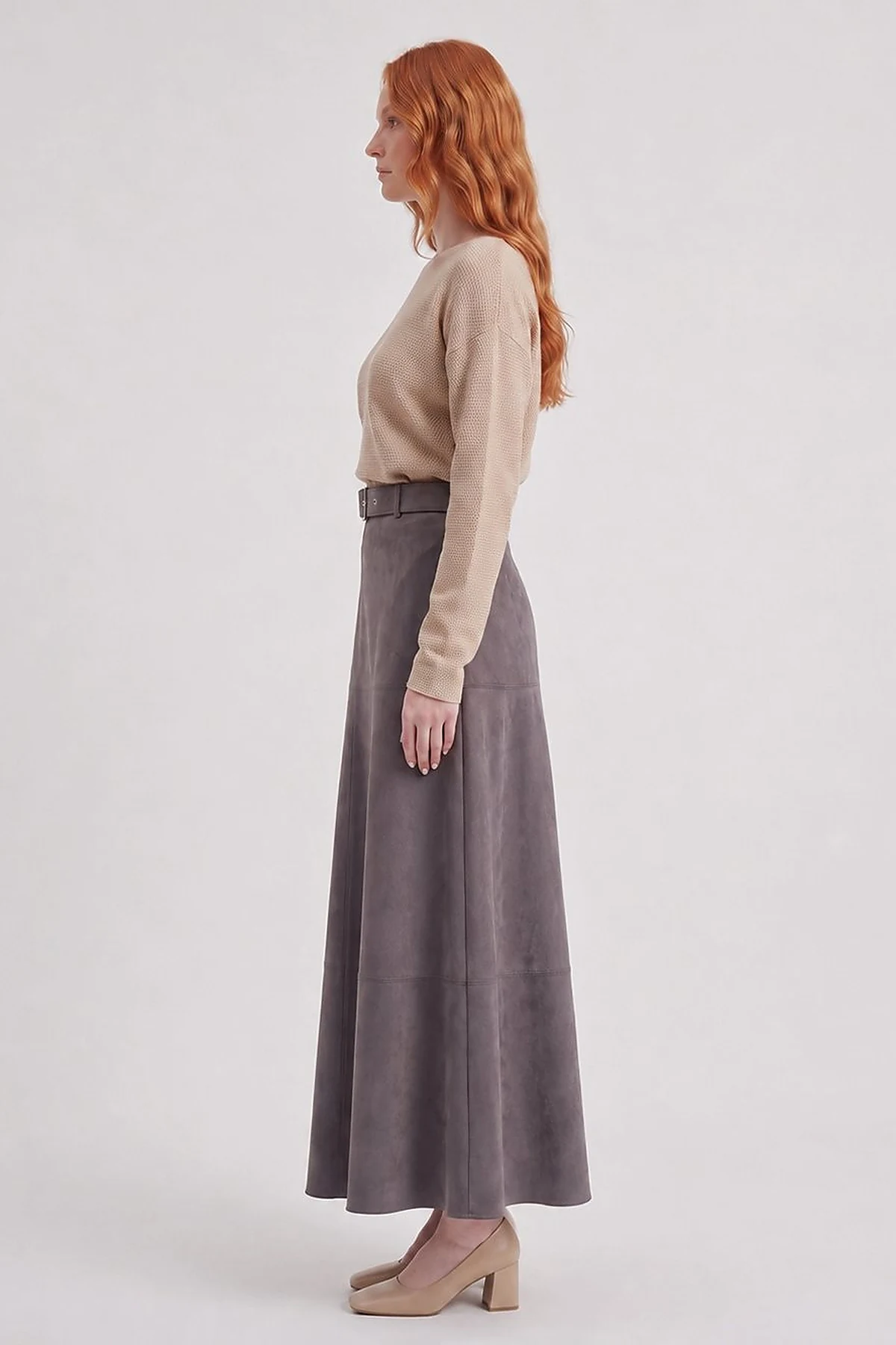 Panel-Seamed Suede Skirt Charcoal
