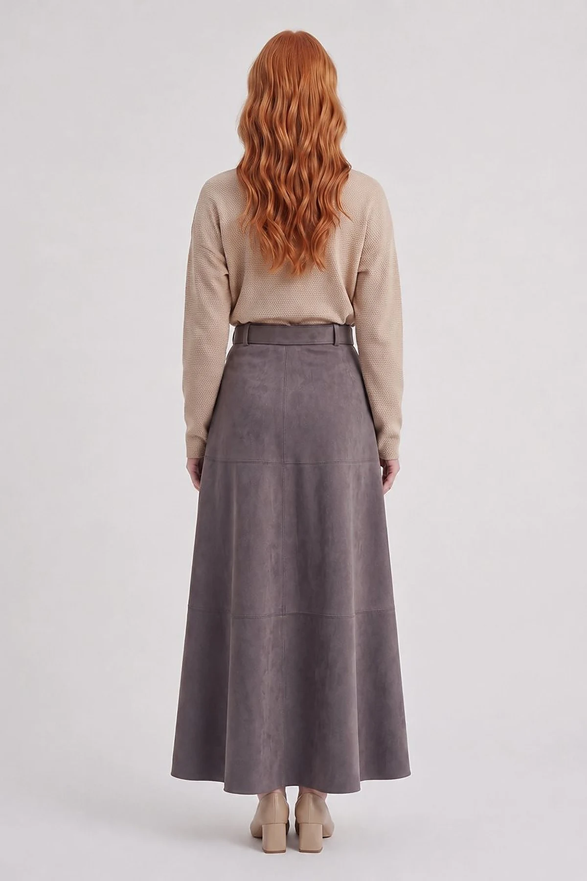 Panel-Seamed Suede Skirt Charcoal