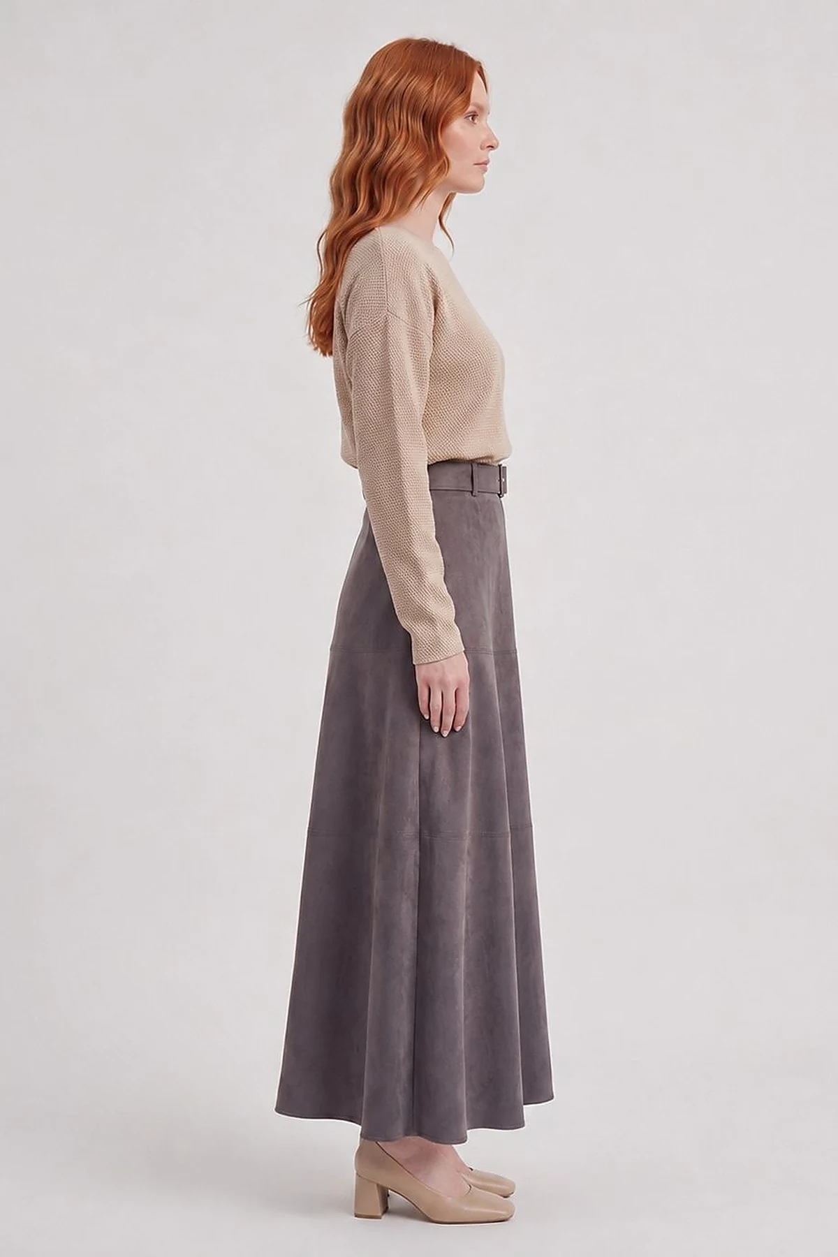 Panel-Seamed Suede Skirt Charcoal