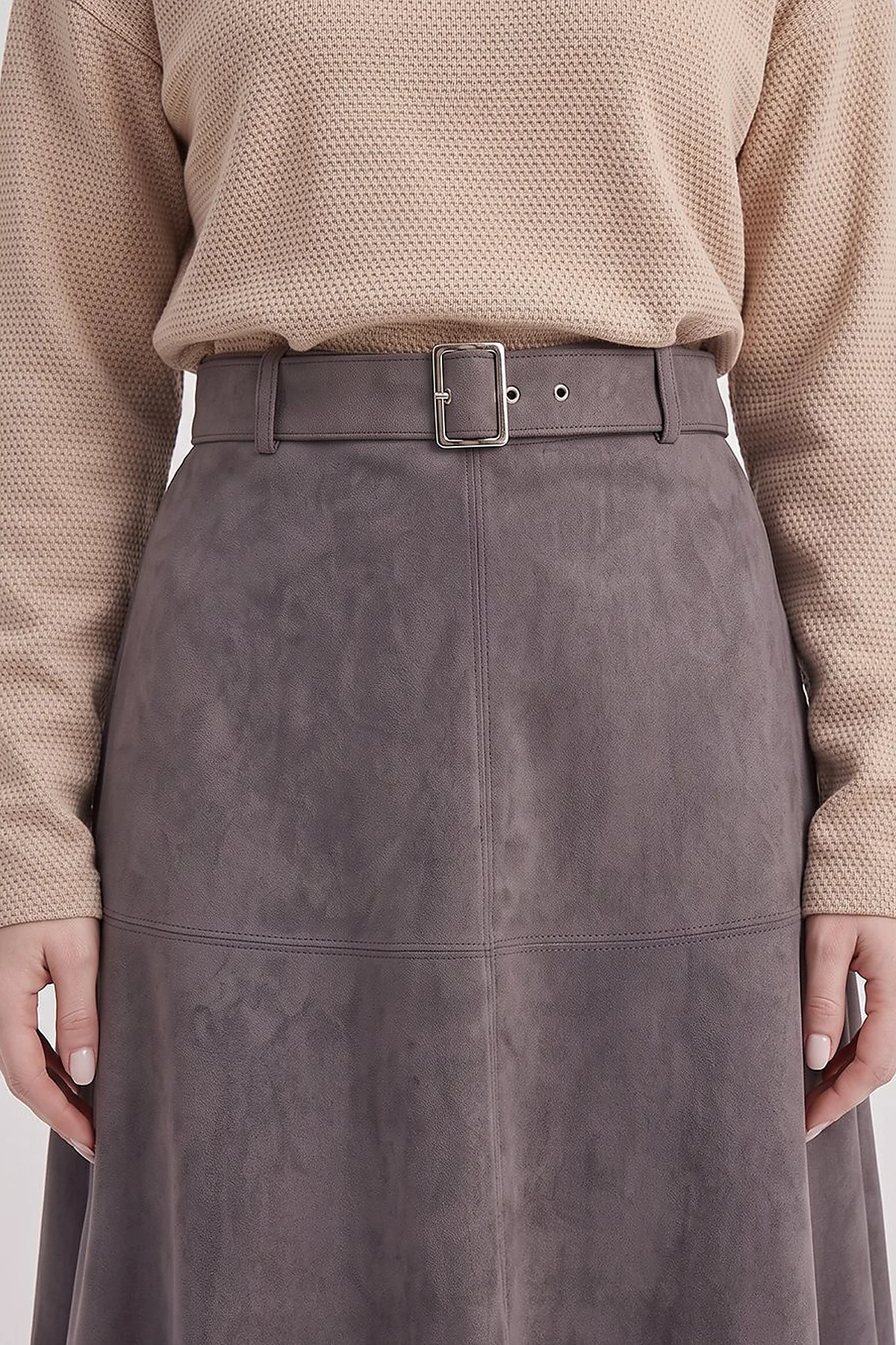 Panel-Seamed Suede Skirt Charcoal