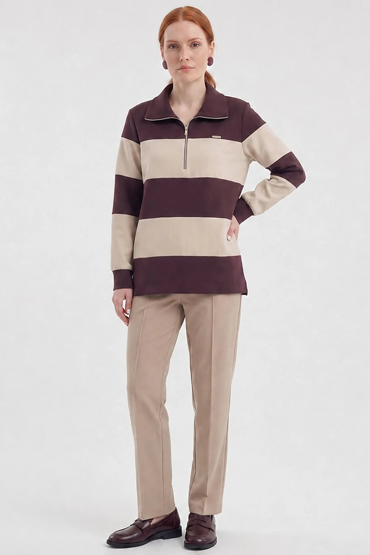 Color-Block Wide-Neck Sweatshirt Burgundy