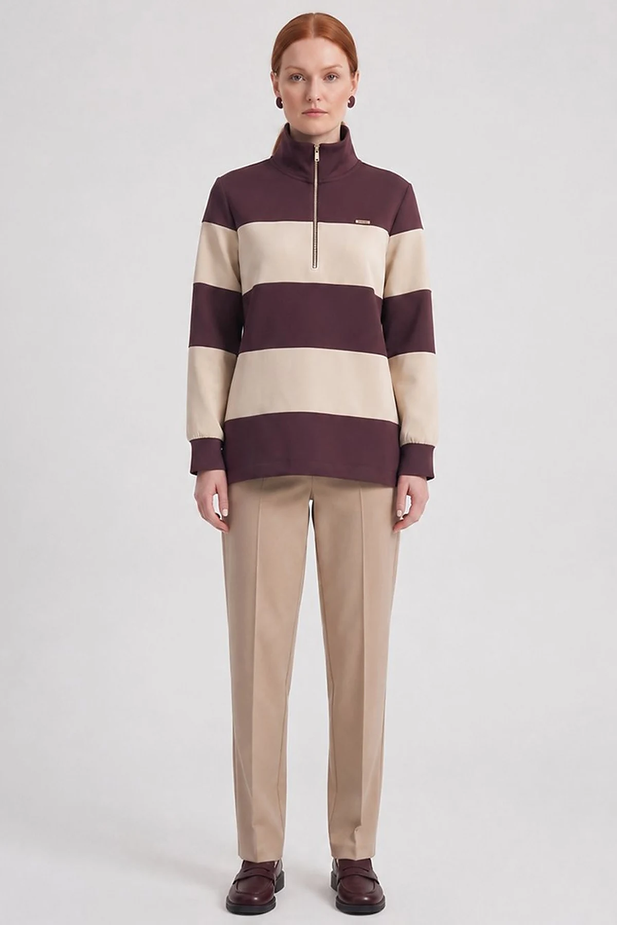 Color-Block Wide-Neck Sweatshirt Burgundy