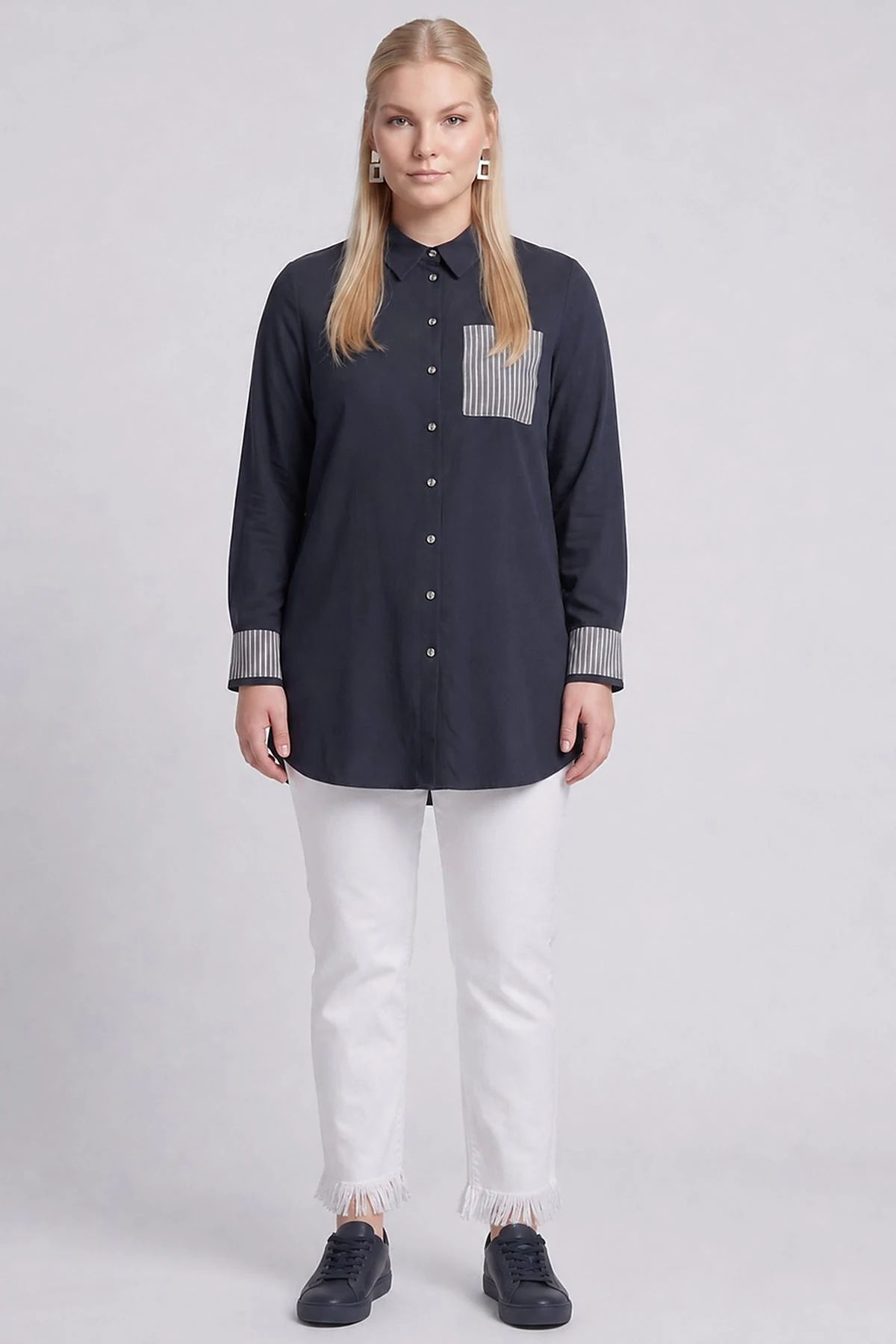 100% Lyocell Cuff Detail Tunic Dark Navy