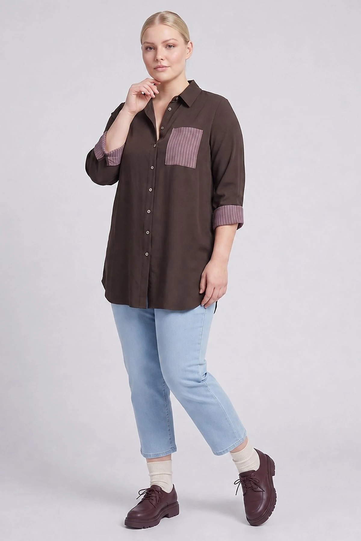 100% Lyocell Cuff Detail Tunic Dark Brown