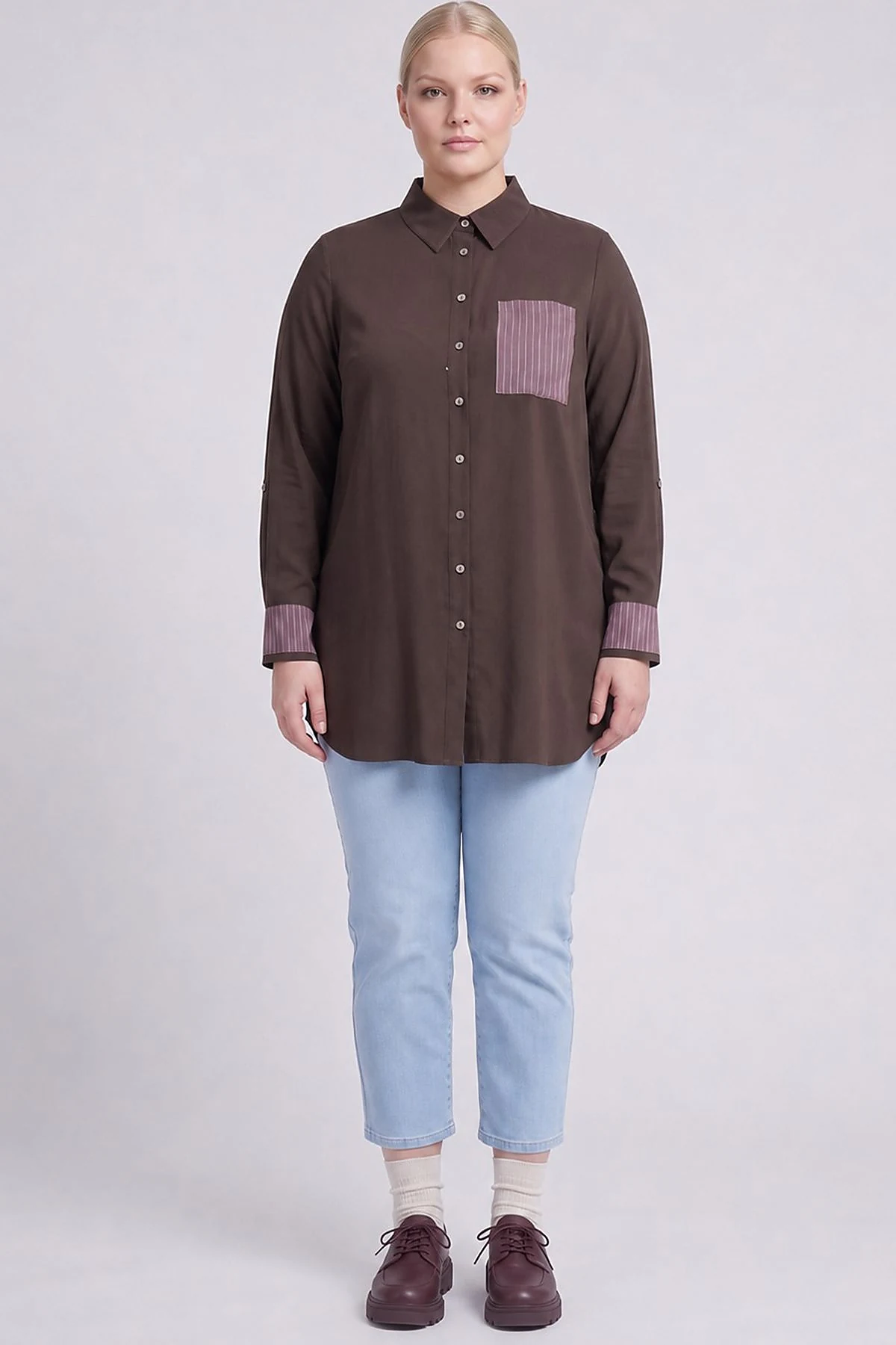 100% Lyocell Cuff Detail Tunic Dark Brown