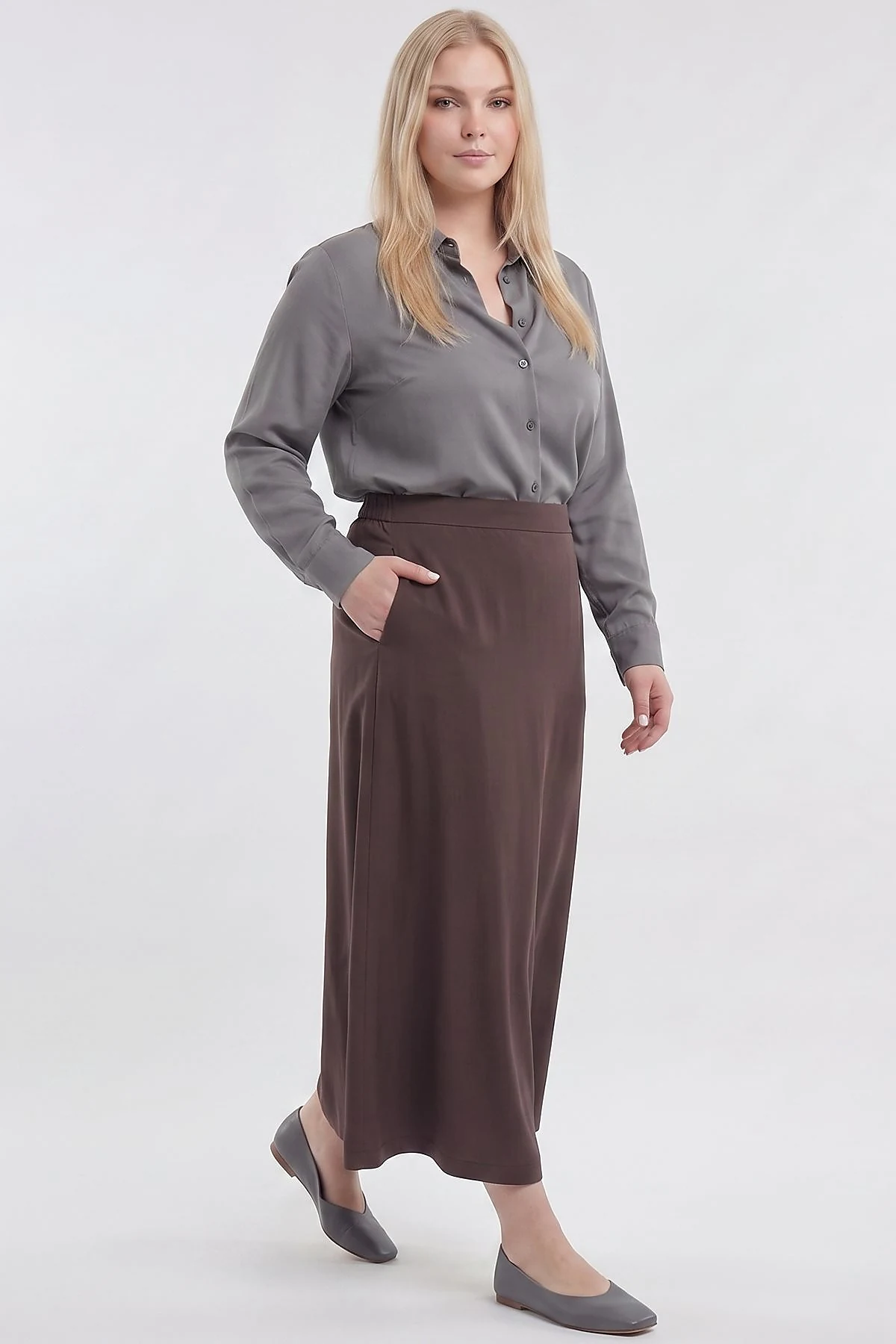 Elastic Waist Rayon Skirt Dark Brown