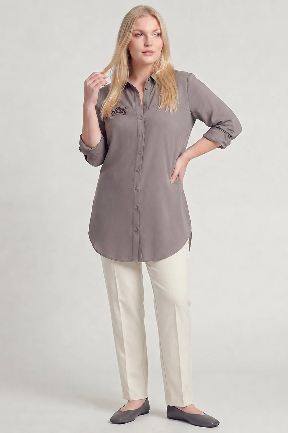 Rayon Tunic with Flap Pocket Detail Charcoal Gray