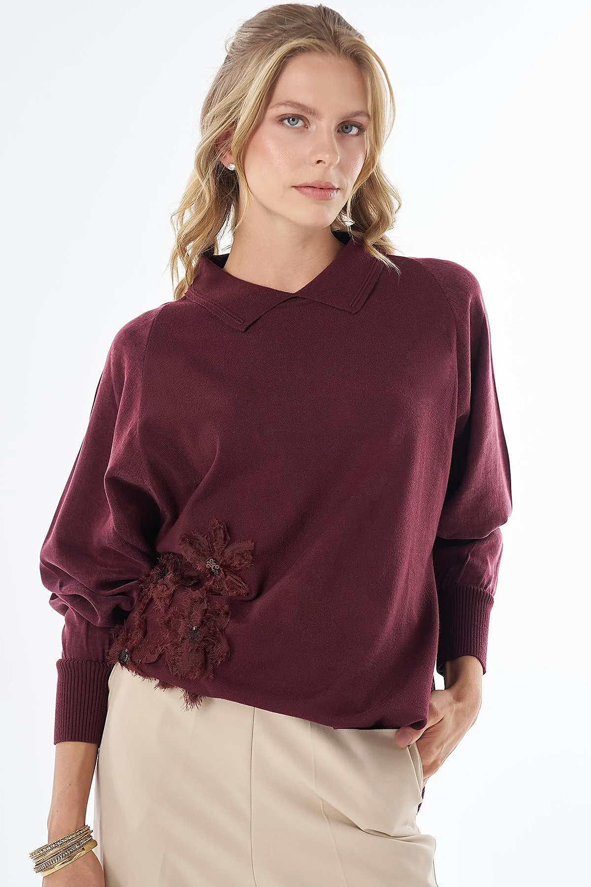 Embroidered Appliqué Knit Tunic Burgundy