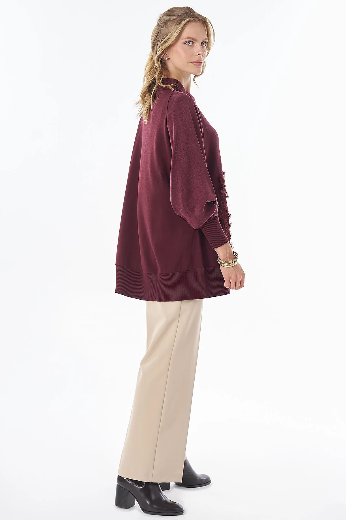 Embroidered Appliqué Knit Tunic Burgundy