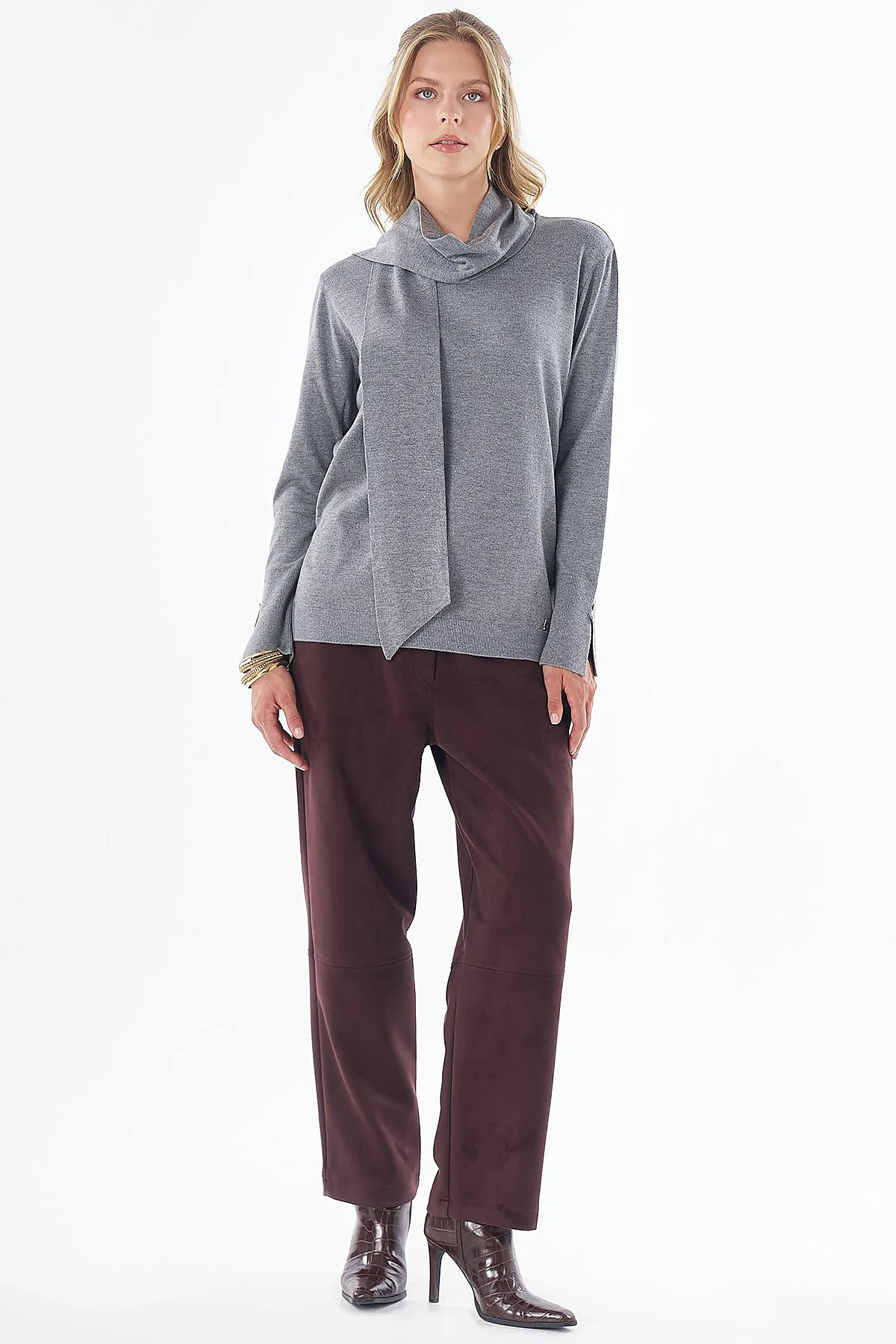 Shawl Collar Knit Blouse Dark Grey