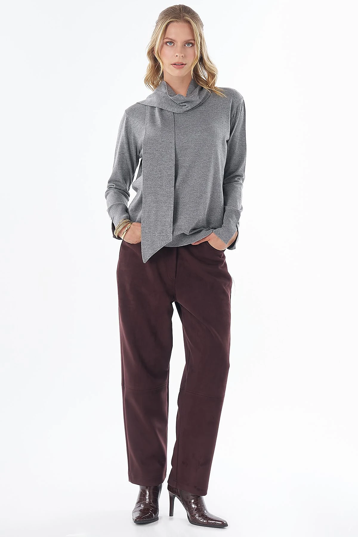 Shawl Collar Knit Blouse Dark Grey