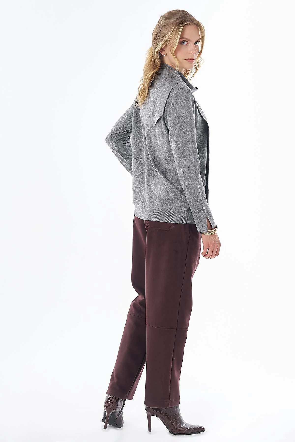 Shawl Collar Knit Blouse Dark Grey