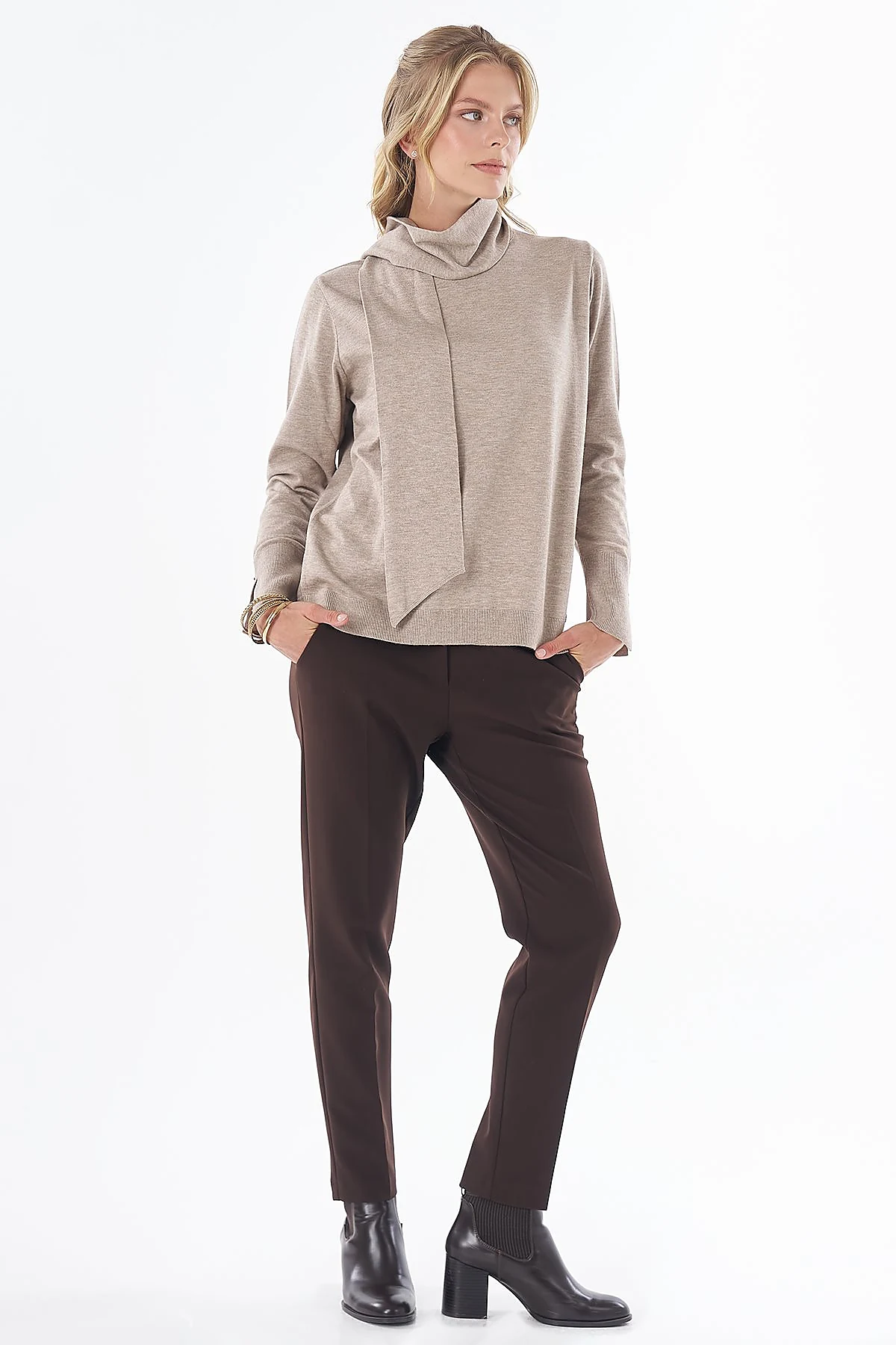 Shawl Collar Knit Blouse Dark Mink