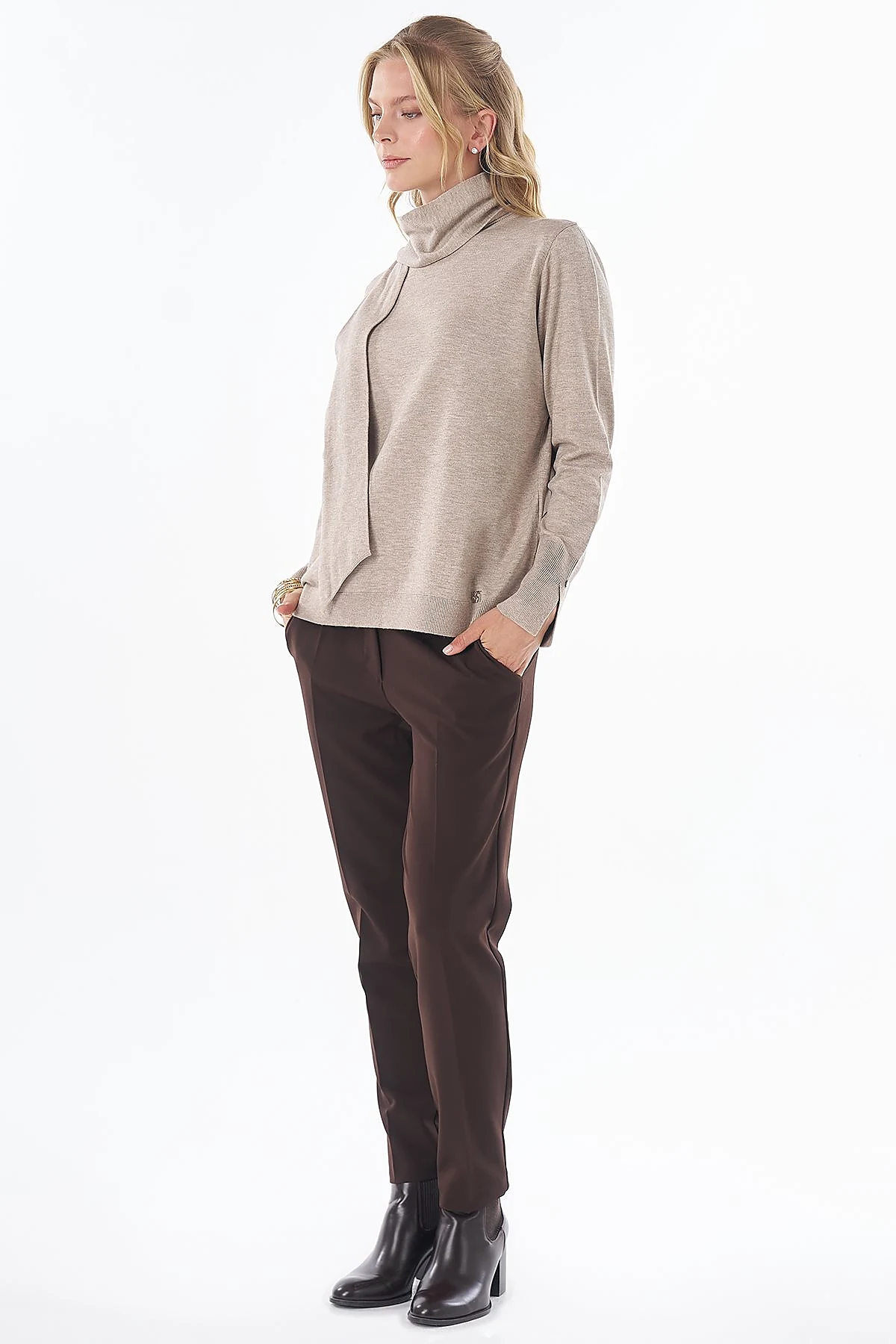 Shawl Collar Knit Blouse Dark Mink