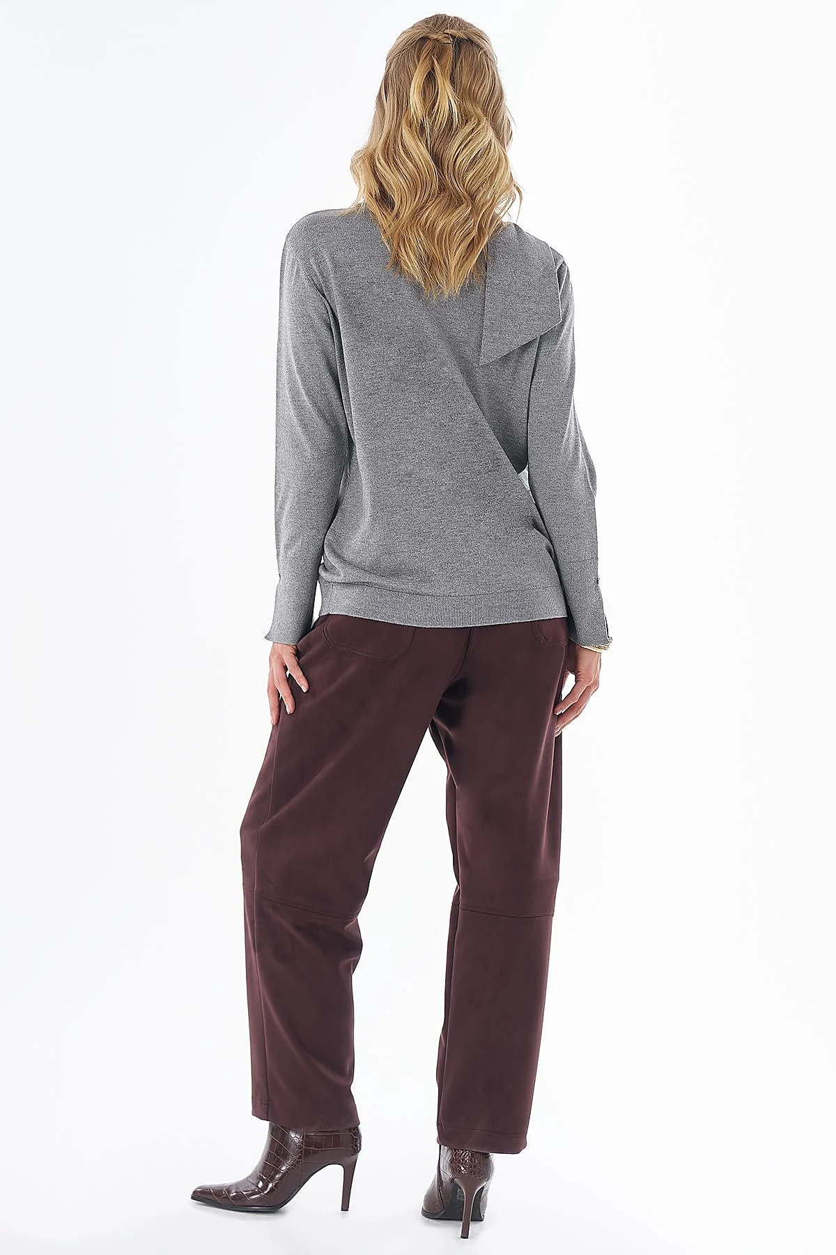 Shawl Collar Knit Blouse Dark Grey