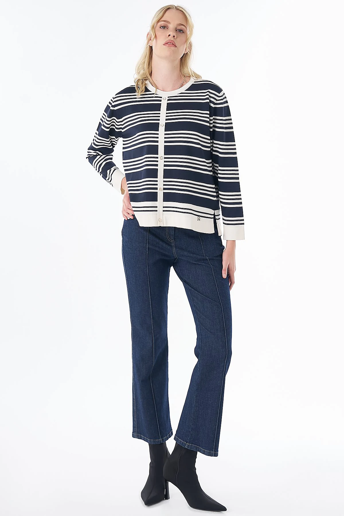 Striped Knit Blouse – Navy-Optical White