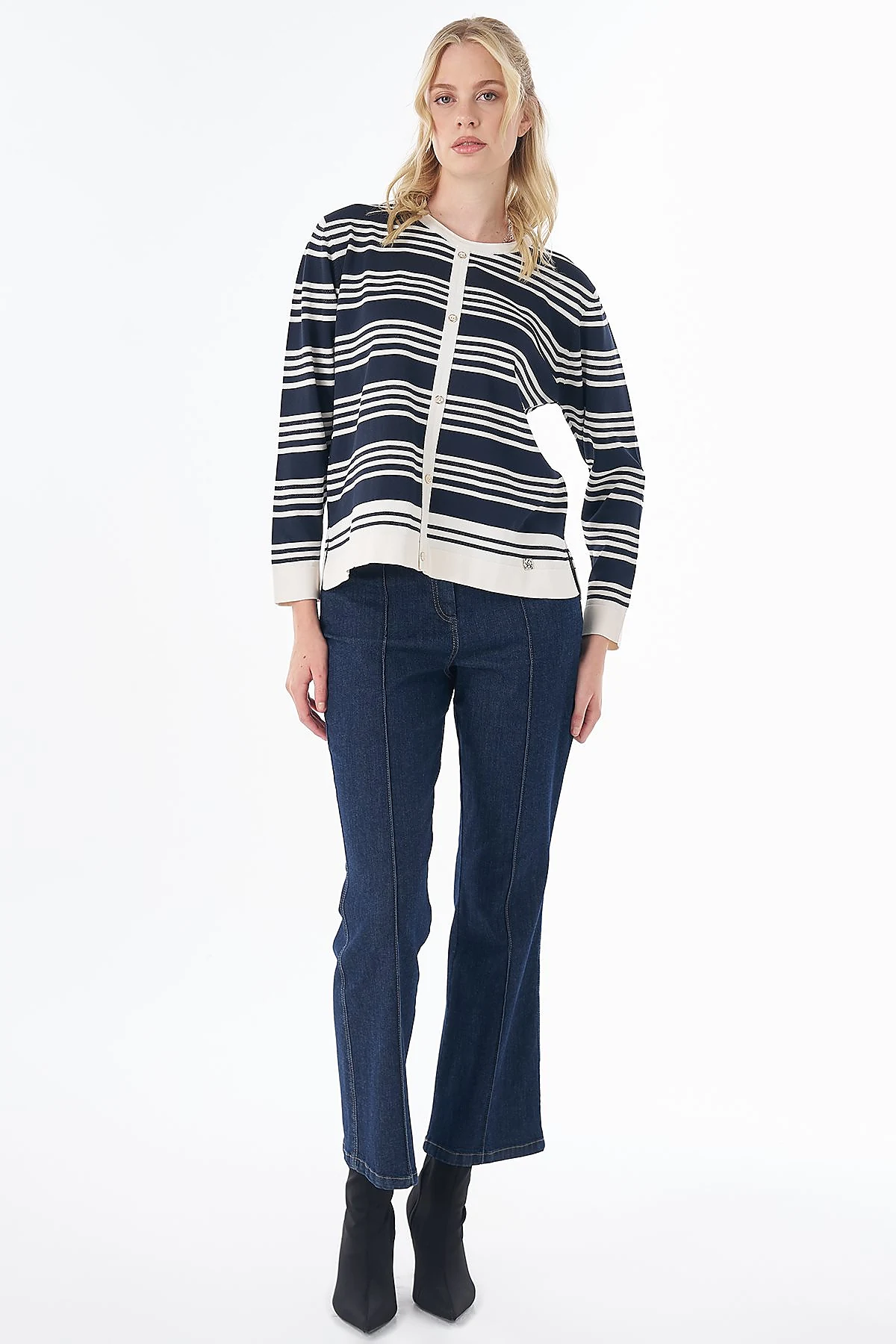 Striped Knit Blouse – Navy-Optical White