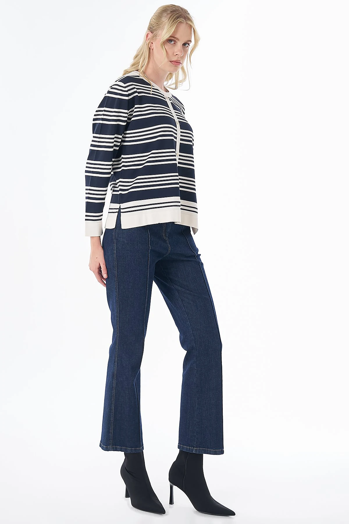 Striped Knit Blouse – Navy-Optical White
