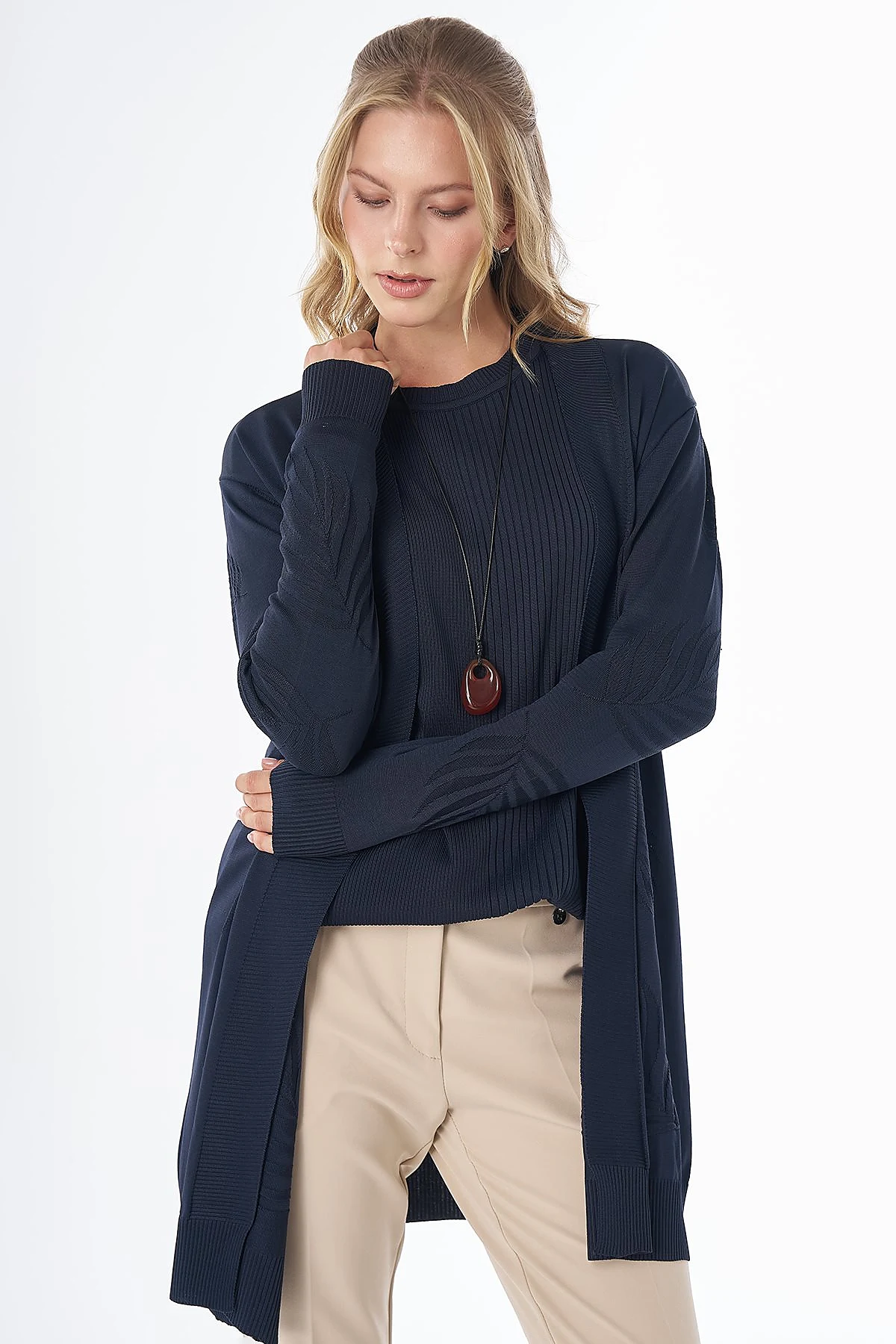 Leaf Pattern Knit Cardigan Navy