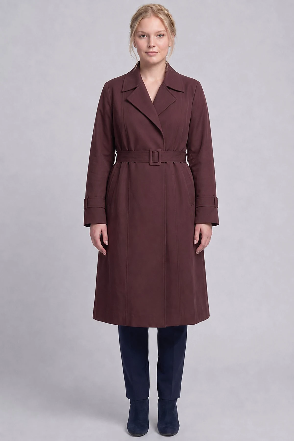 Belted Double-Breasted Trench Coat Dark Burgundy