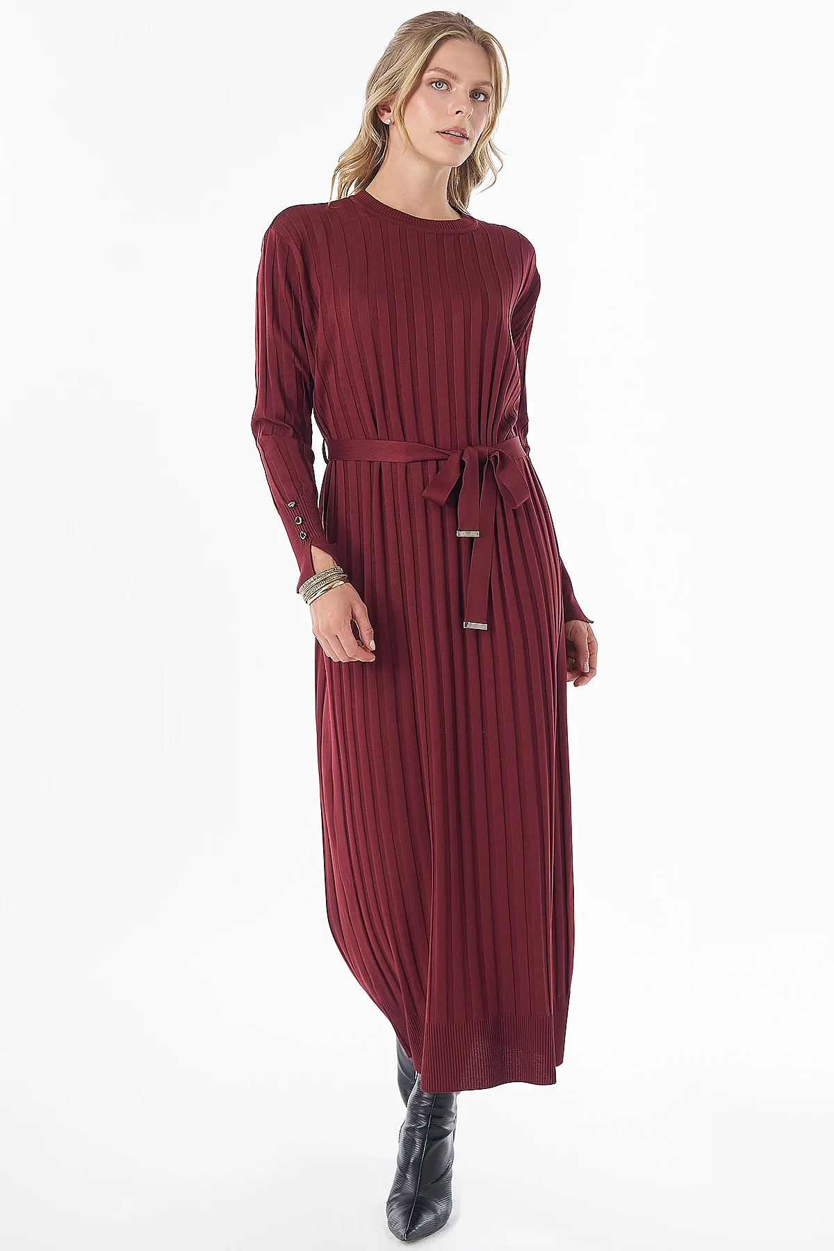 Belted Knit Dress Burgundy