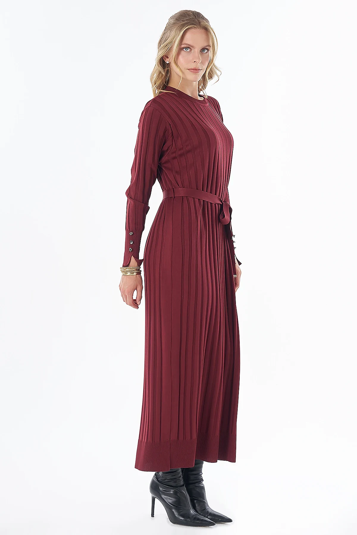 Belted Knit Dress Burgundy