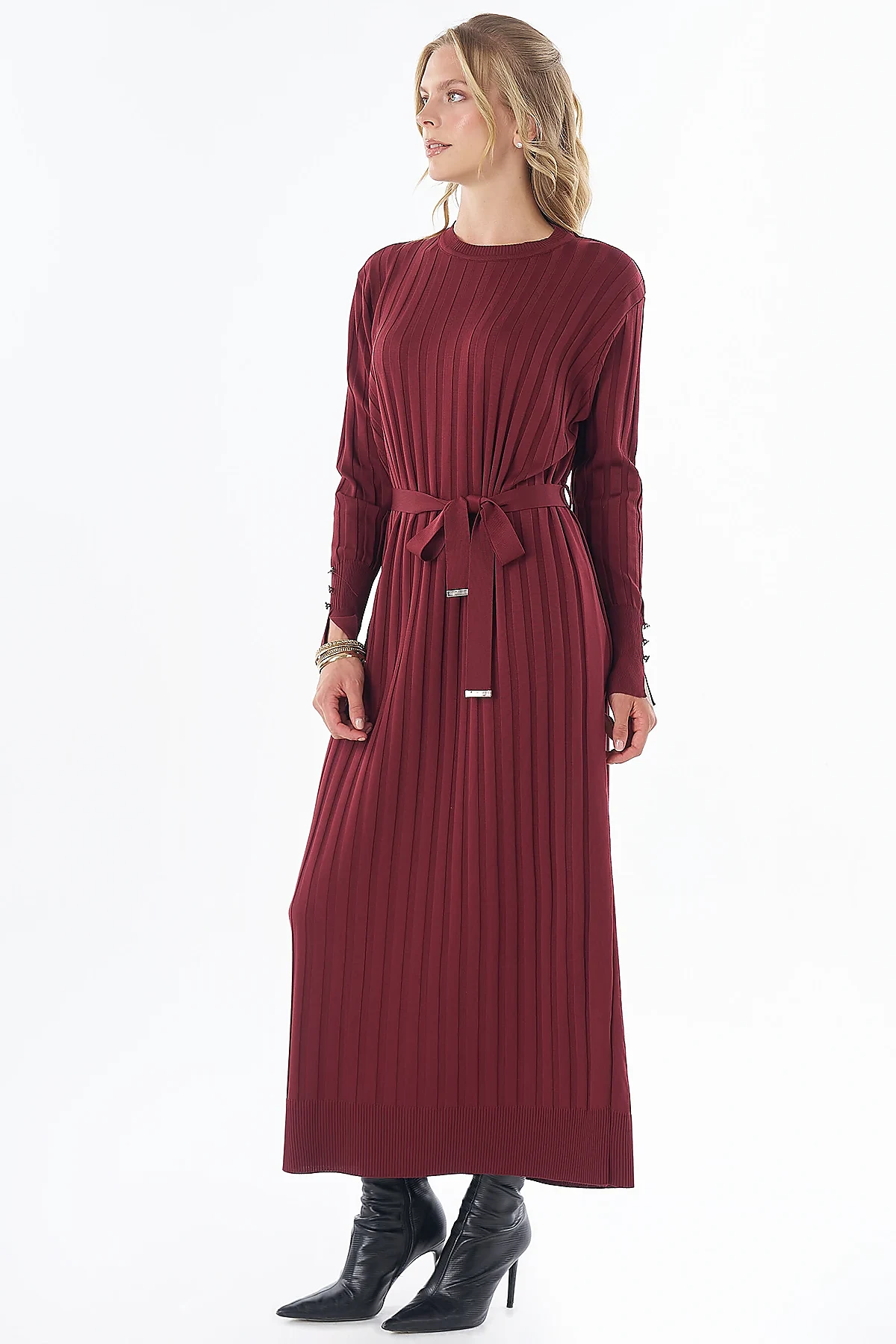 Belted Knit Dress Burgundy