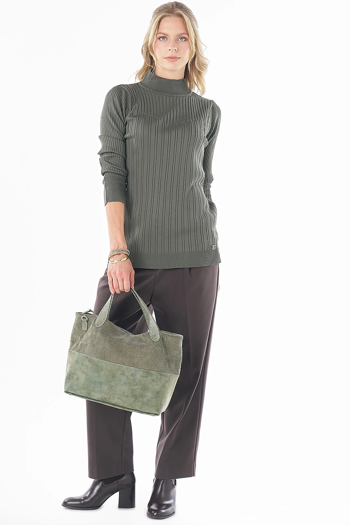 Half Turtleneck Ribbed Knit Blouse- Khaki