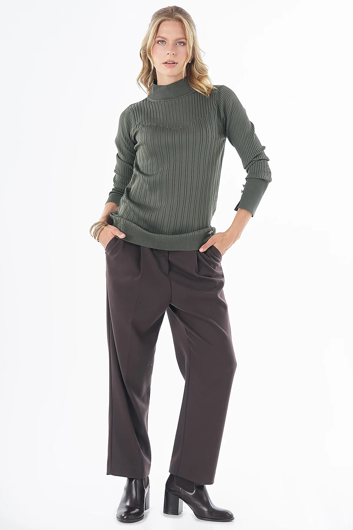 Half Turtleneck Ribbed Knit Blouse- Khaki